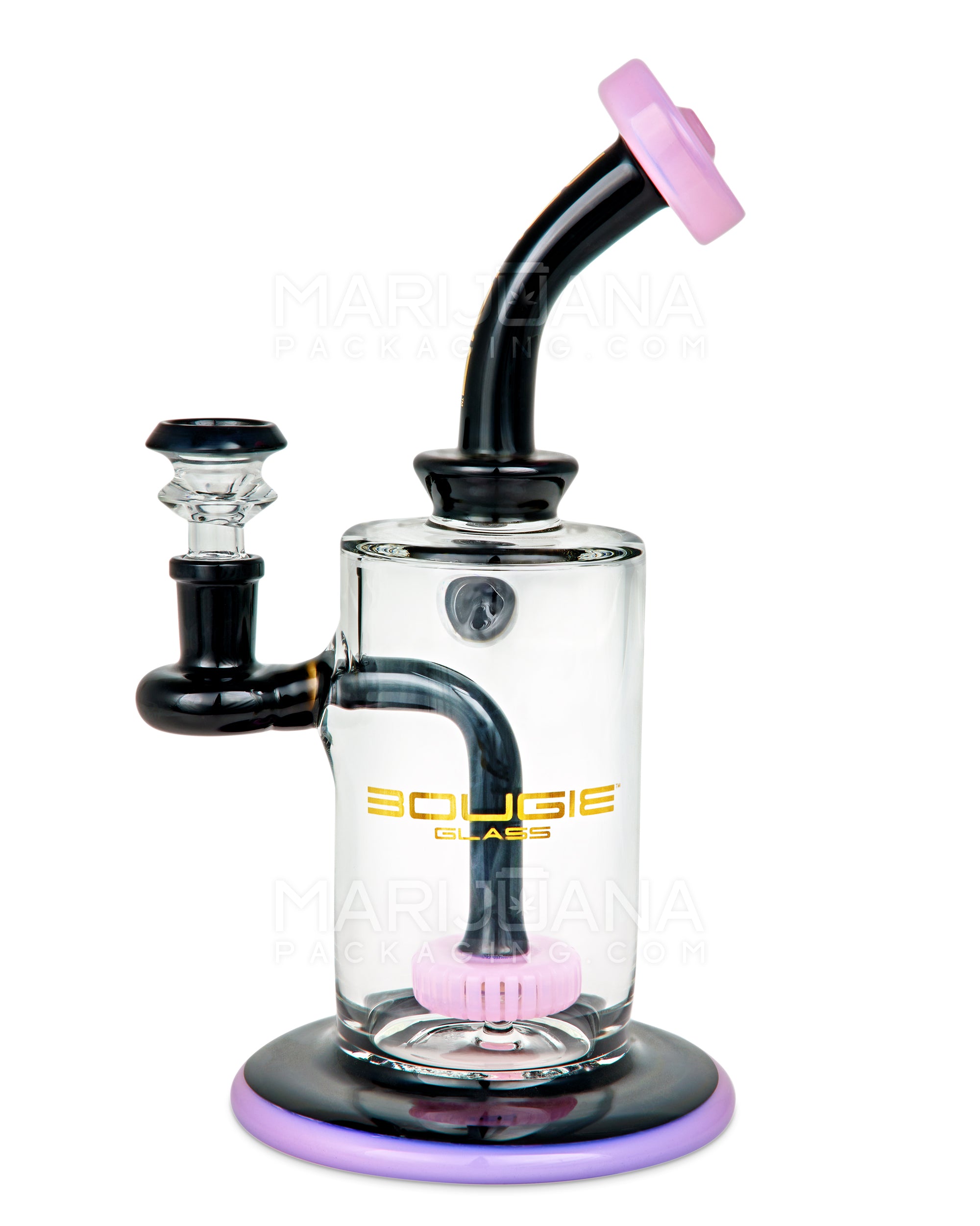 BOUGIE | Bent Neck Showerhead Perc Glass Straight Water Pipe w/ Dichro Marble | 9in Tall - 14mm Bowl - Pink - 4