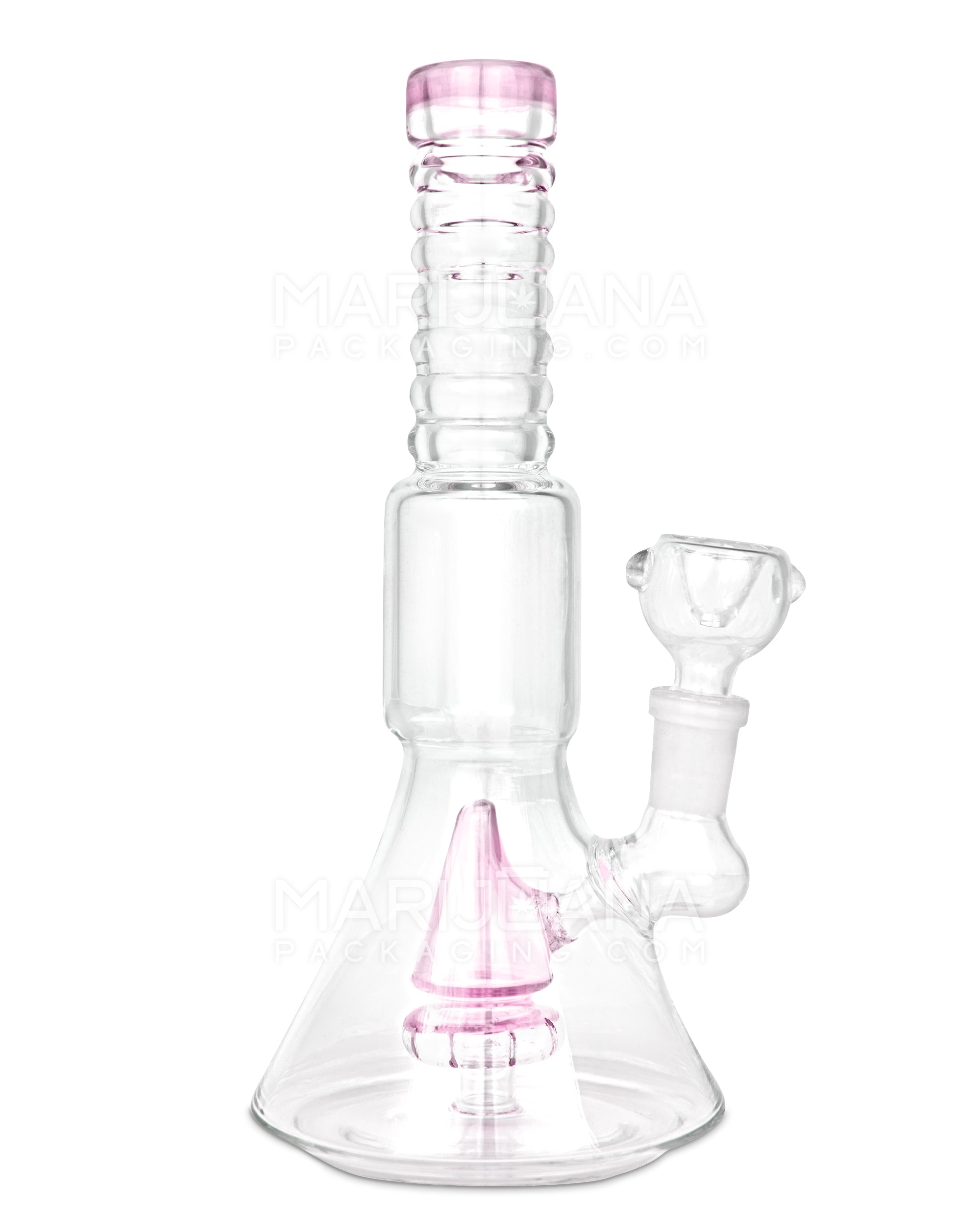 Ribbed Neck Showerhead Perc Glass Beaker Water Pipe | 8.5in Tall - 14mm Bowl - Pink - 1