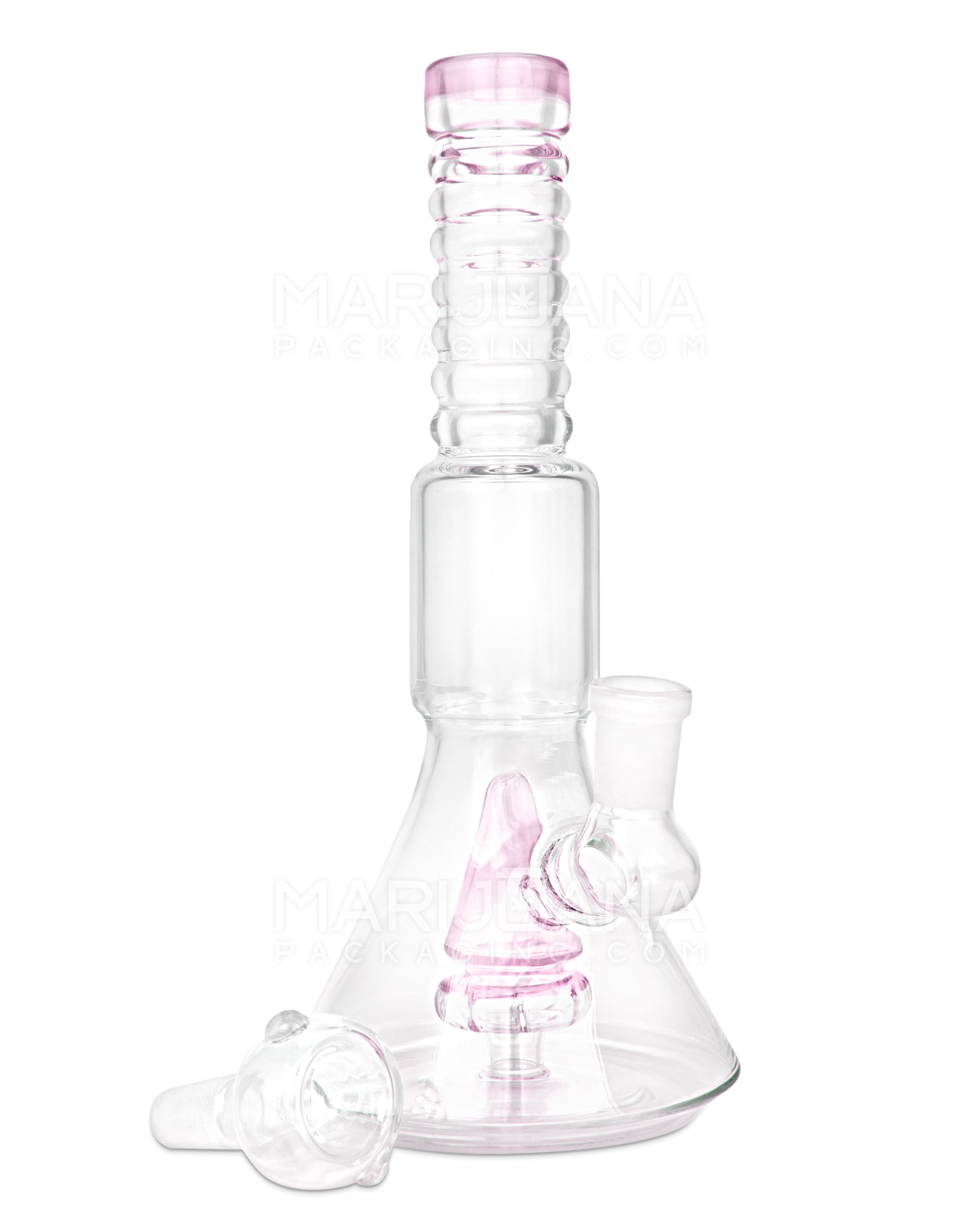 Ribbed Neck Showerhead Perc Glass Beaker Water Pipe | 8.5in Tall - 14mm Bowl - Pink - 2