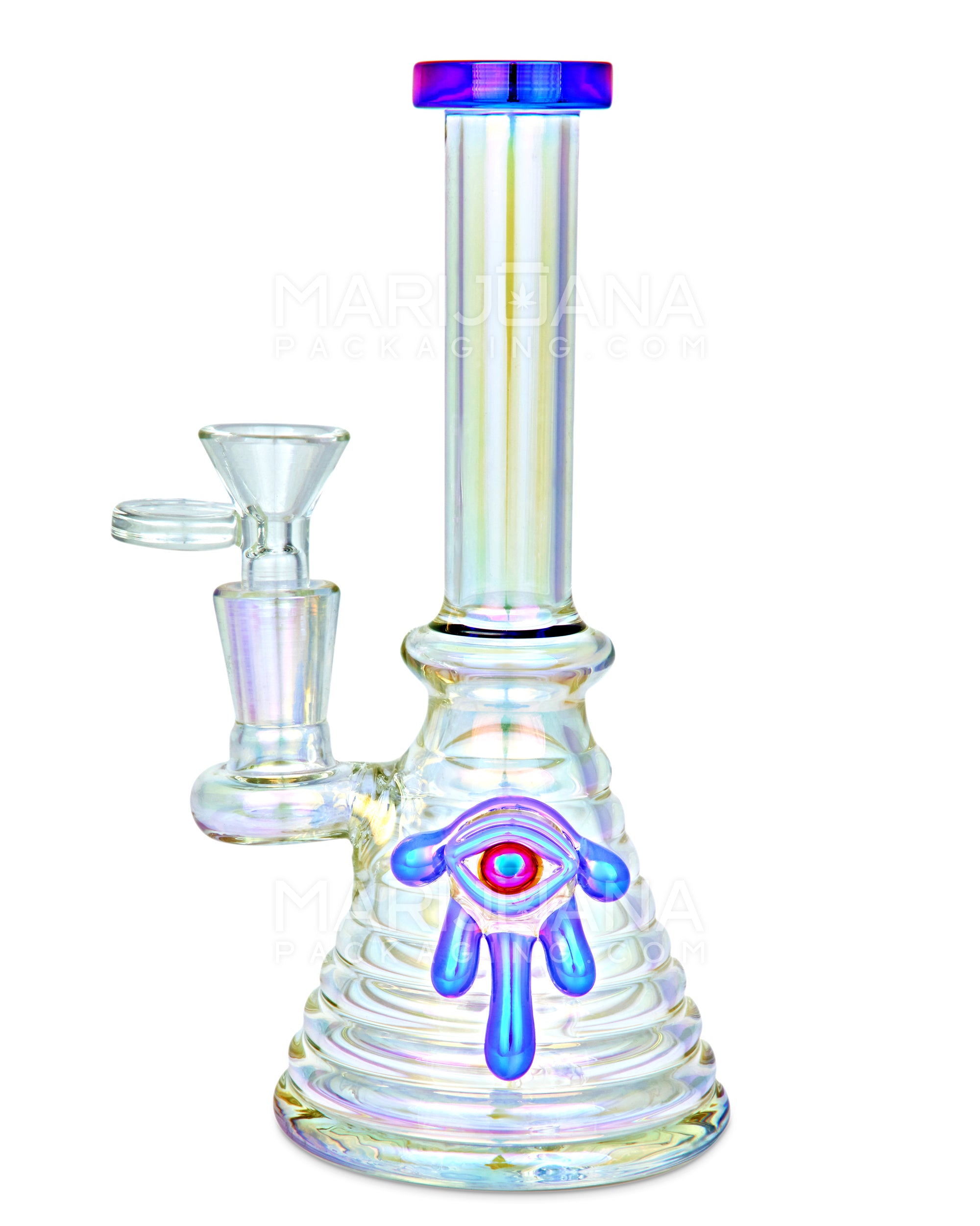 Straight Neck Diffused Perc Glass Ribbed Beaker Water Pipe w/ Purple Evil Eye | 7.5in Tall - 14mm Bowl - Iridescent - 1
