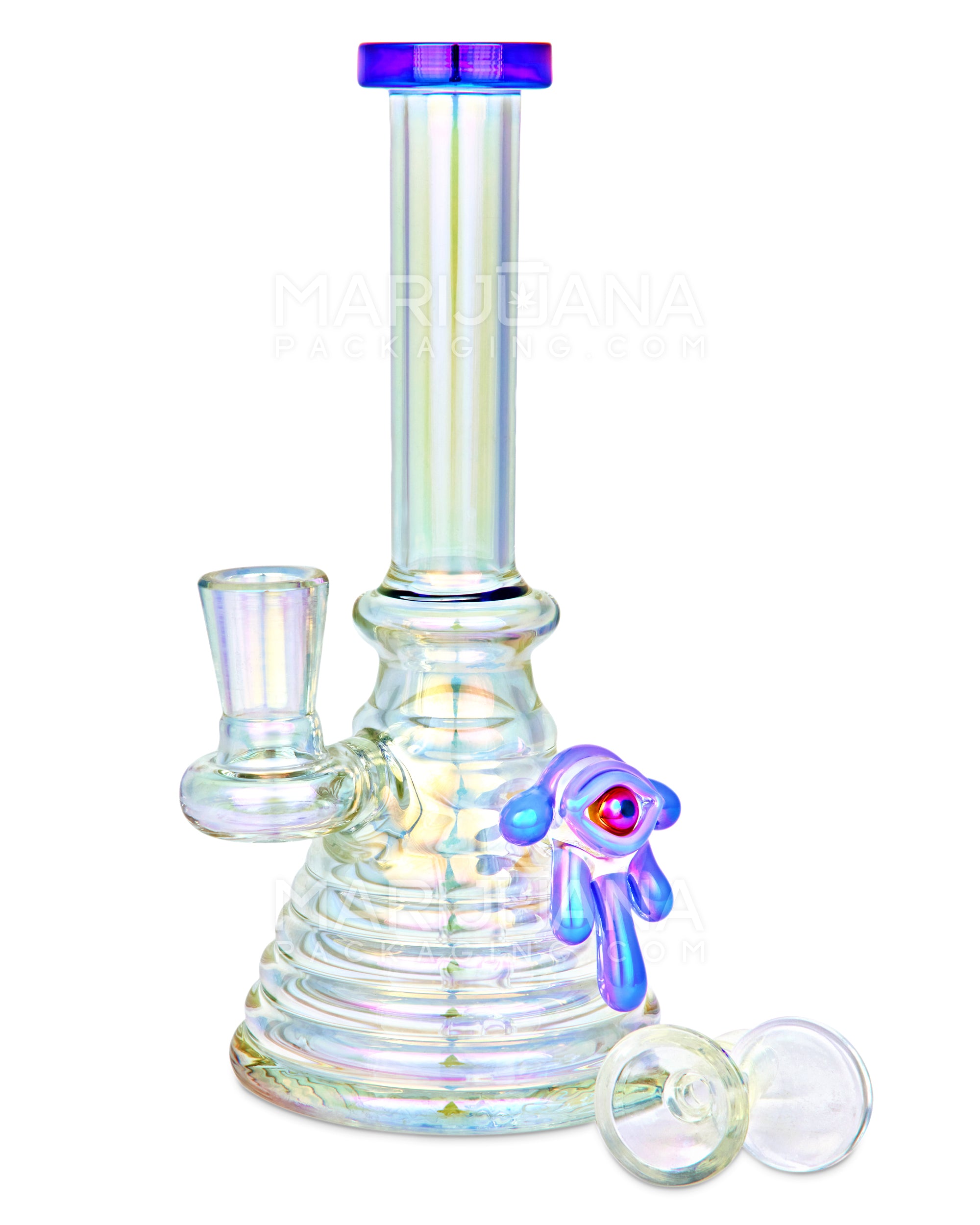 Straight Neck Diffused Perc Glass Ribbed Beaker Water Pipe w/ Purple Evil Eye | 7.5in Tall - 14mm Bowl - Iridescent - 2