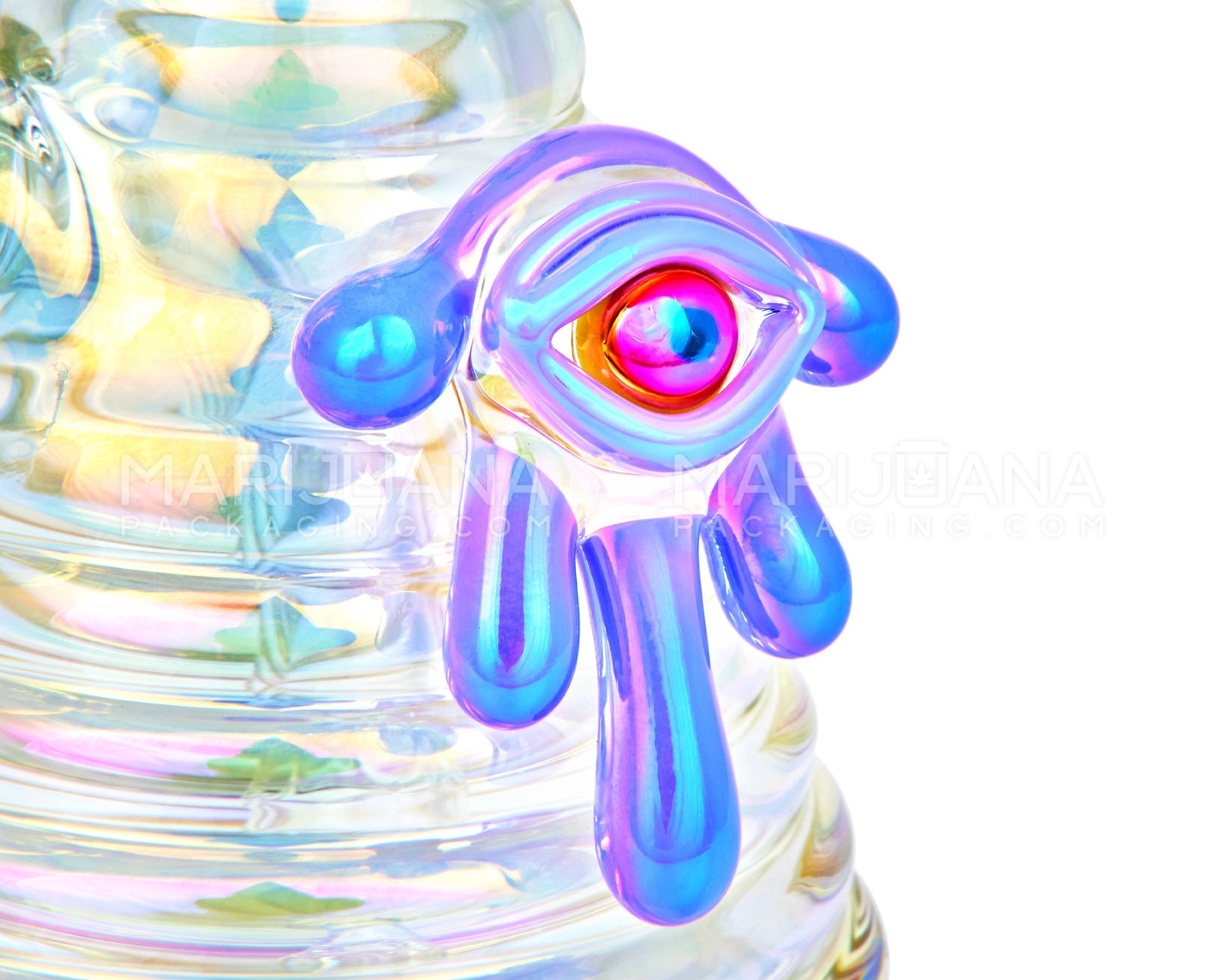 Straight Neck Diffused Perc Glass Ribbed Beaker Water Pipe w/ Purple Evil Eye | 7.5in Tall - 14mm Bowl - Iridescent - 3