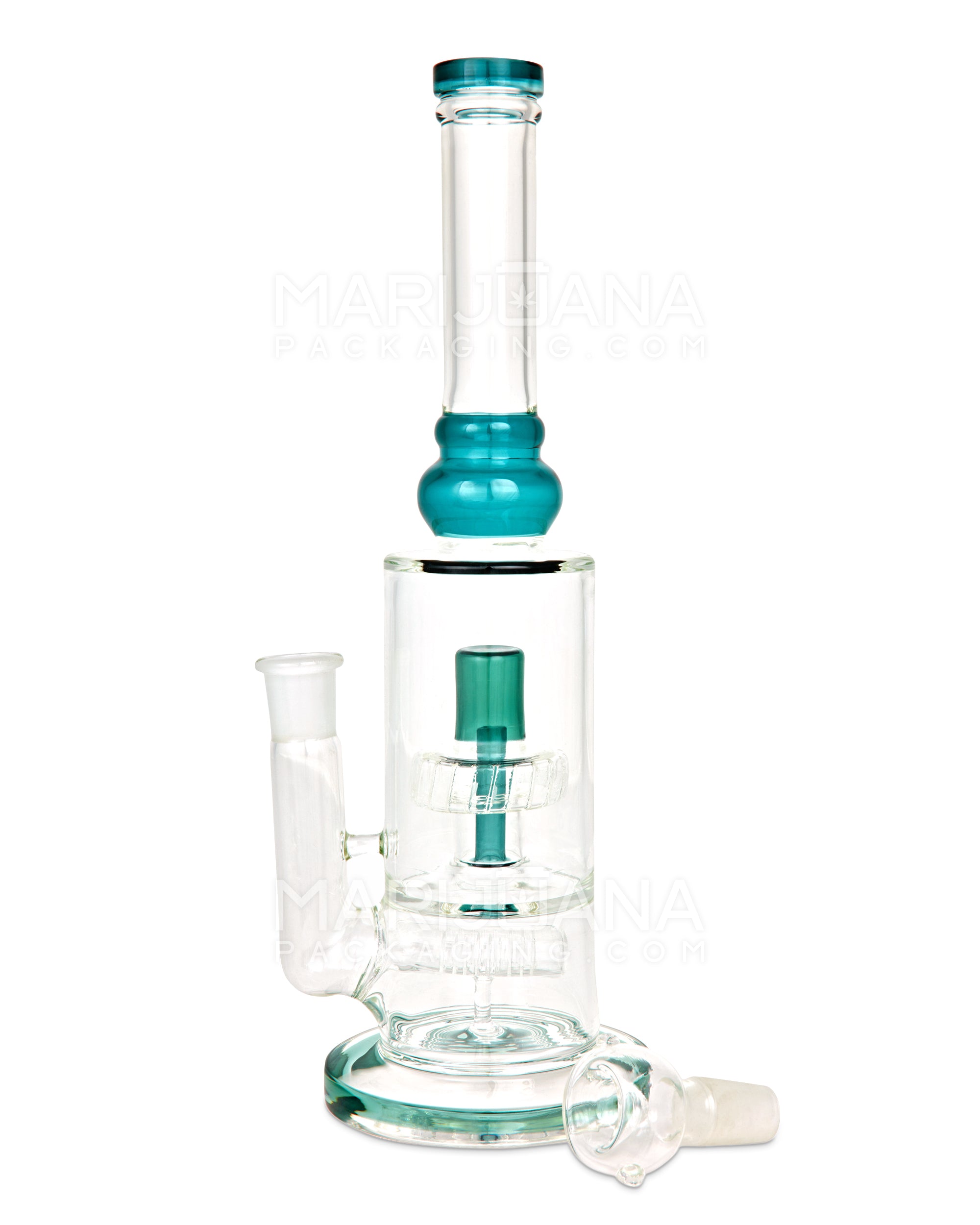Double Chamber | Straight Neck Showerhead Perc Glass Water Pipe w/ Thick Base | 13in Tall - 18mm Bowl - Teal - 3