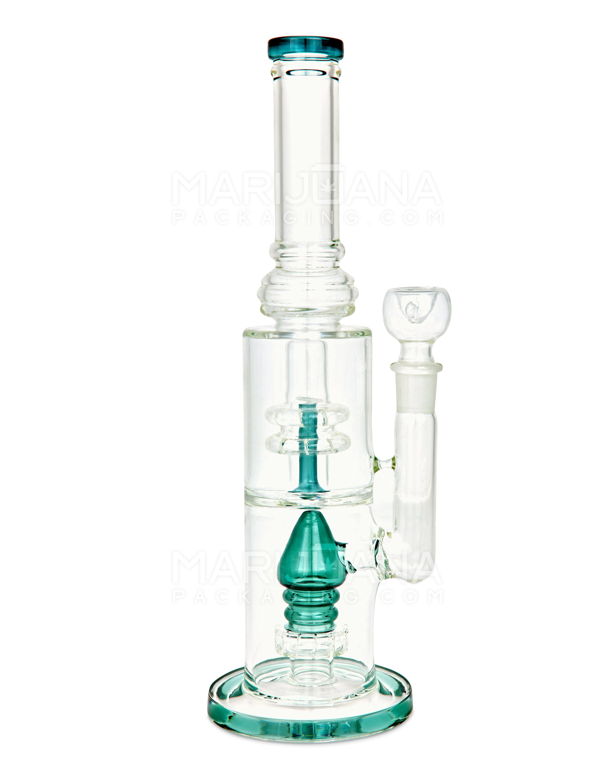 Double Chamber | Straight Neck Matrix Perc Glass Water Pipe w/ Thick Base | 13in Tall - 18mm Bowl - Teal - 1