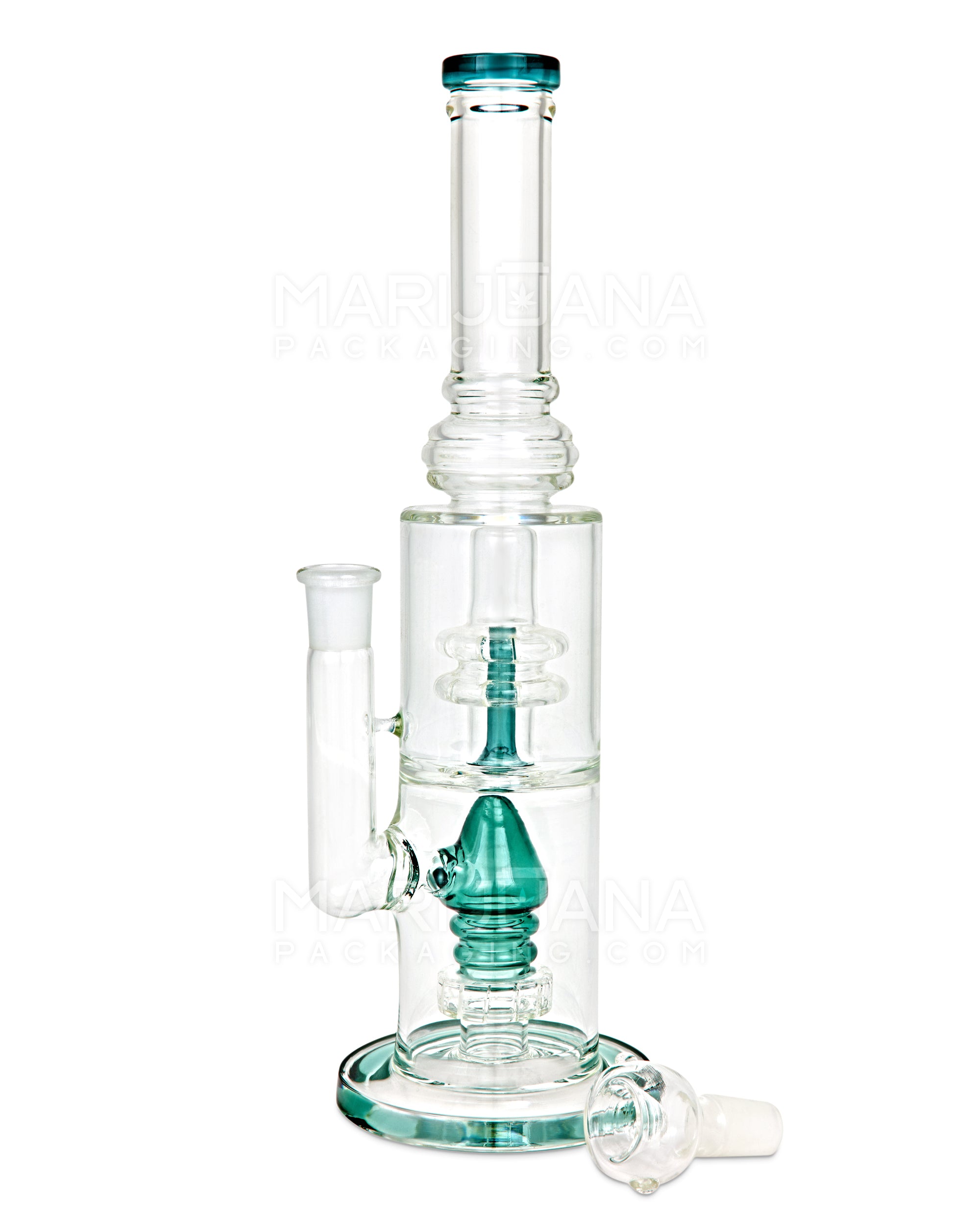 Double Chamber | Straight Neck Matrix Perc Glass Water Pipe w/ Thick Base | 13in Tall - 18mm Bowl - Teal - 2