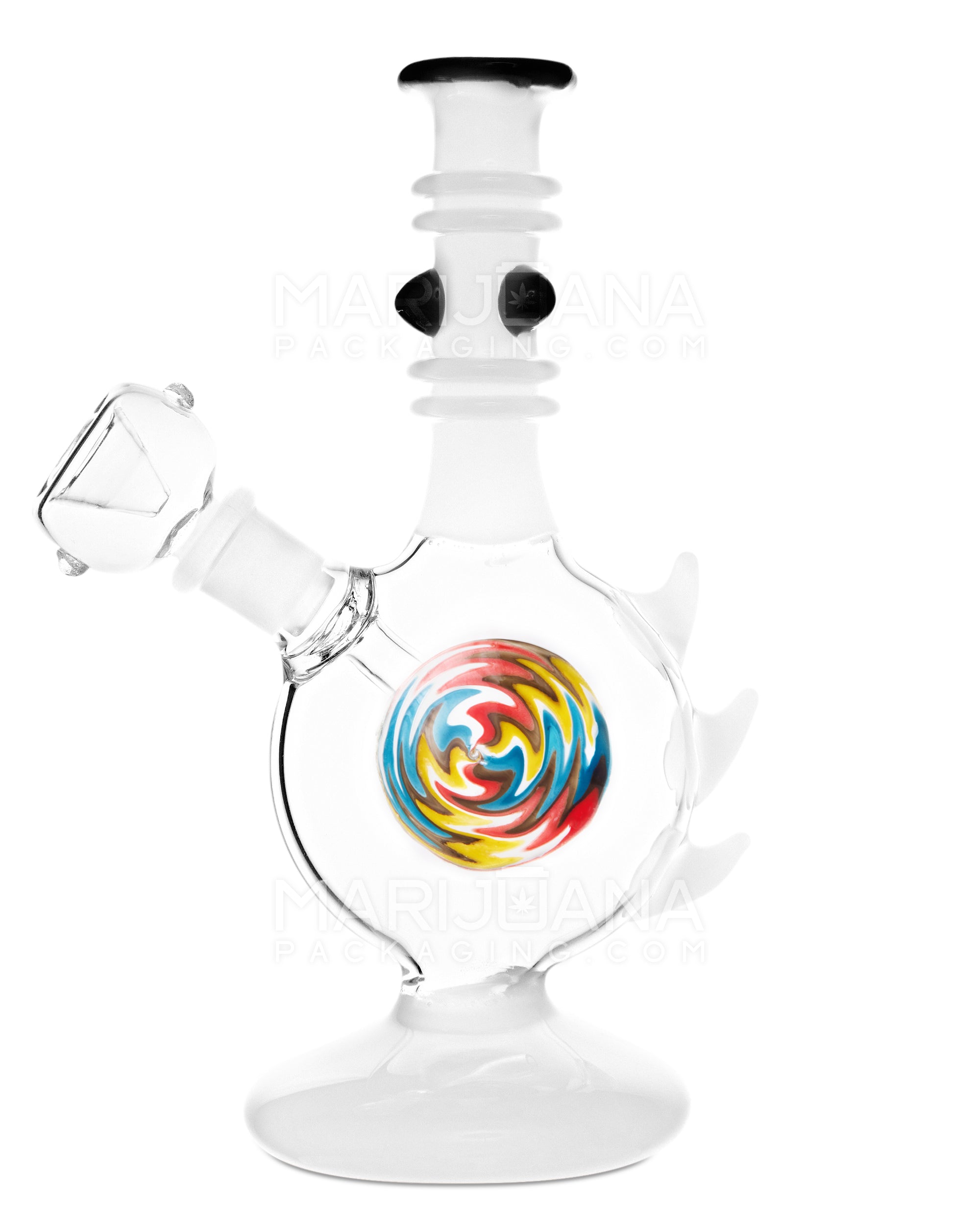 Straight Neck Wig Wag Circular Flask Glass Water Pipe w/ Triple Spikes | 8in Tall - 14mm Bowl - White - 1