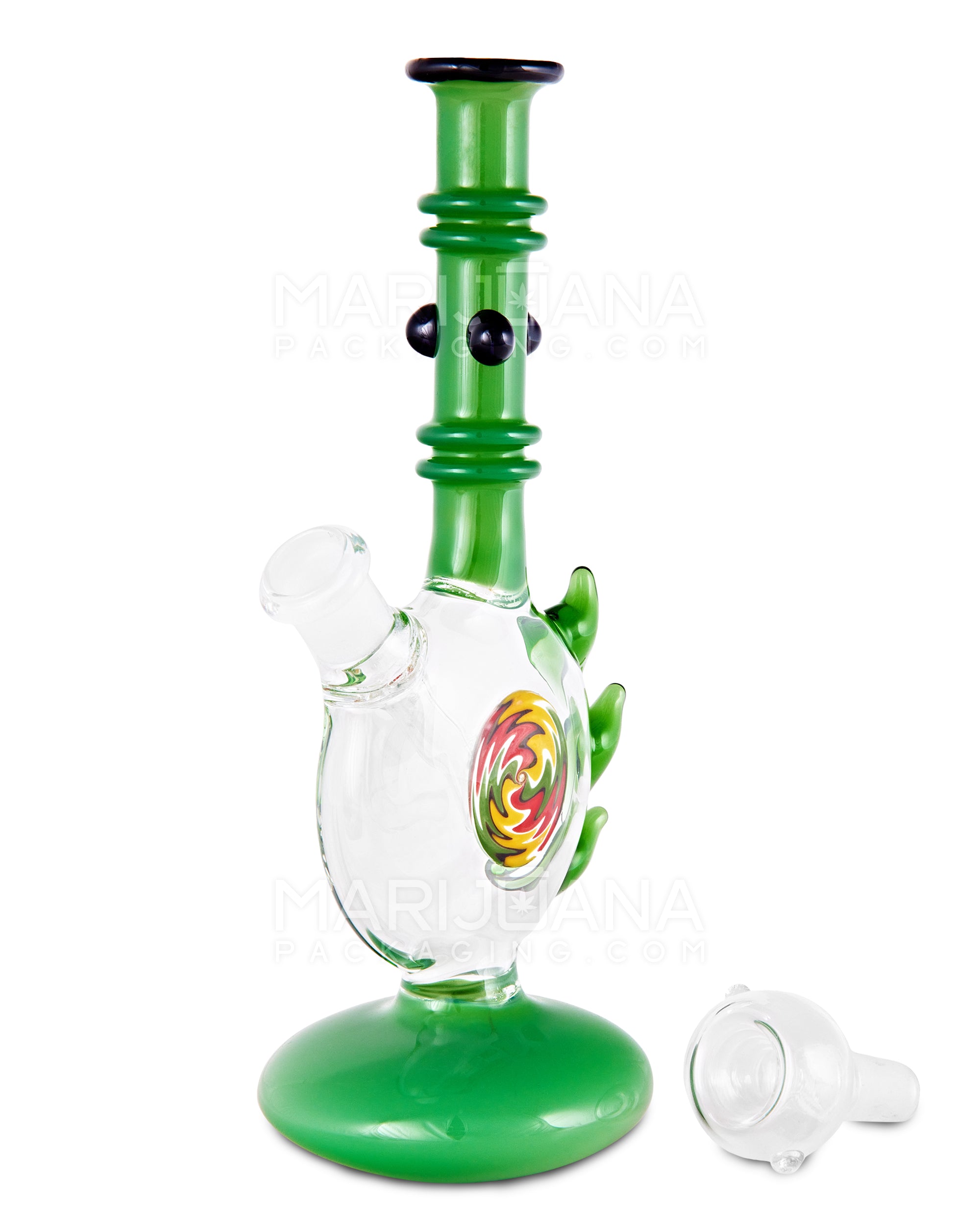 Straight Neck Wig Wag Circular Flask Glass Water Pipe w/ Triple Spikes | 8in Tall - 14mm Bowl - Green - 2
