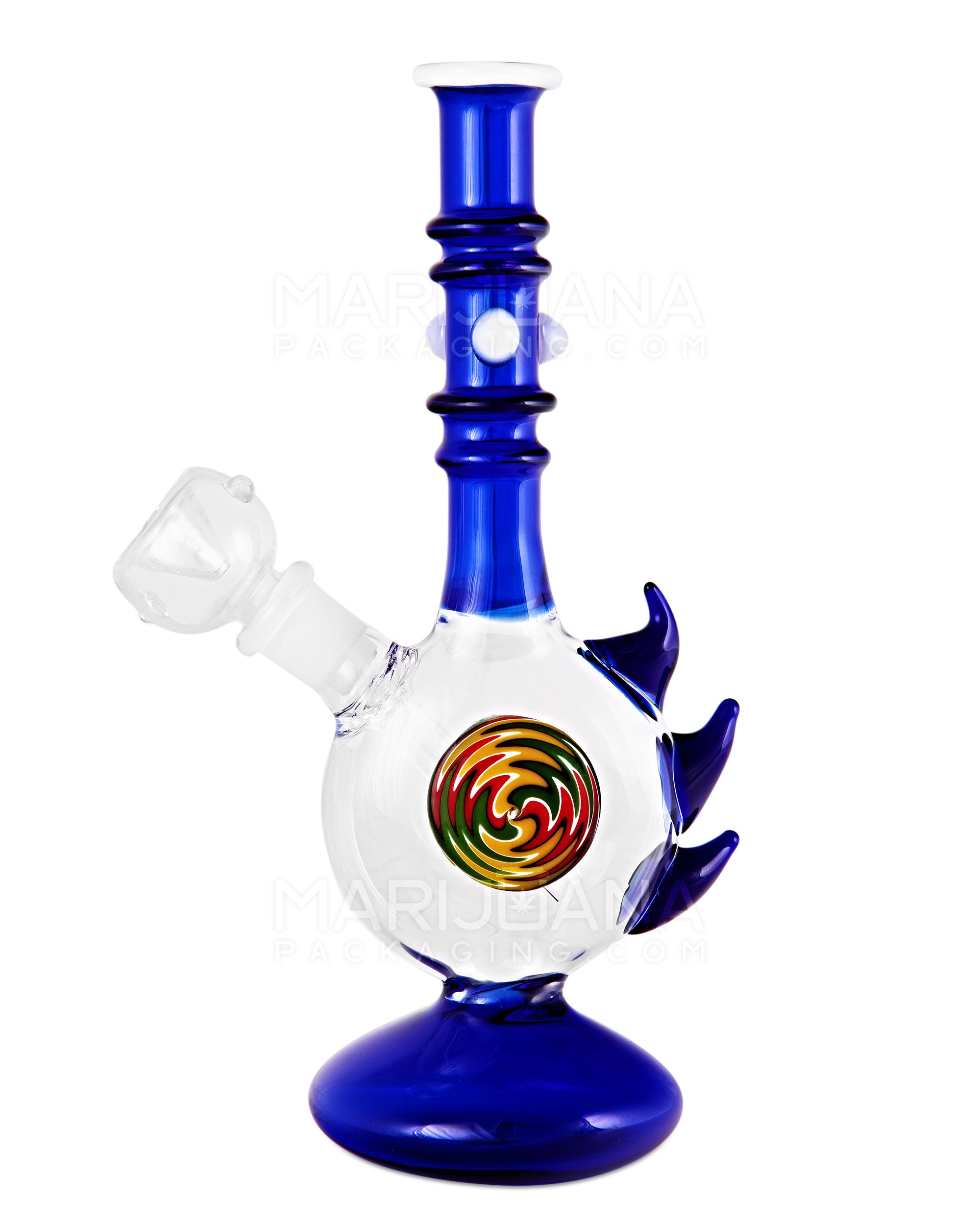 Straight Neck Wig Wag Circular Flask Glass Water Pipe w/ Triple Spikes | 8in Tall - 14mm Bowl - Blue - 1