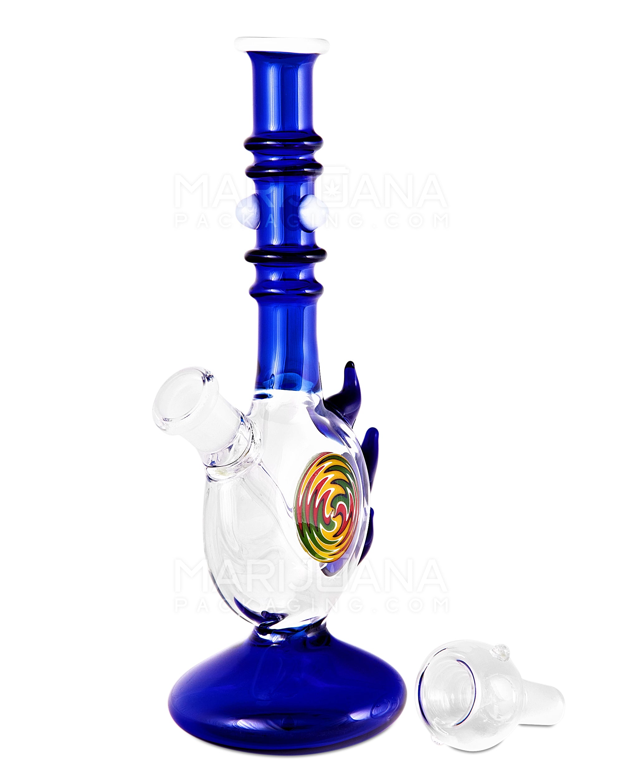 Straight Neck Wig Wag Circular Flask Glass Water Pipe w/ Triple Spikes | 8in Tall - 14mm Bowl - Blue - 2