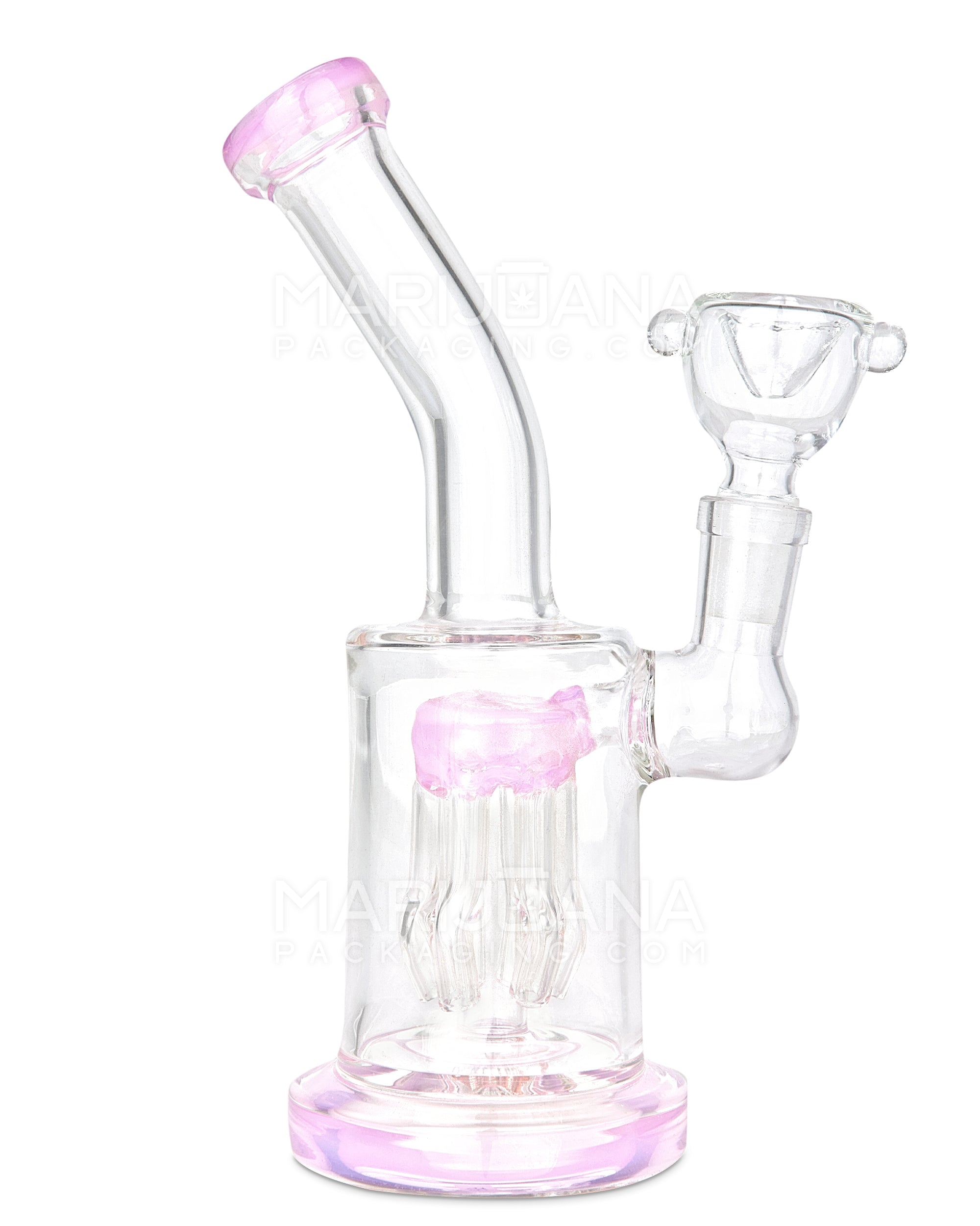 Bent Neck Tree Perc Glass Straight Water Pipe w/ Thick Base | 7in Tall - 14mm Bowl - Pink - 1