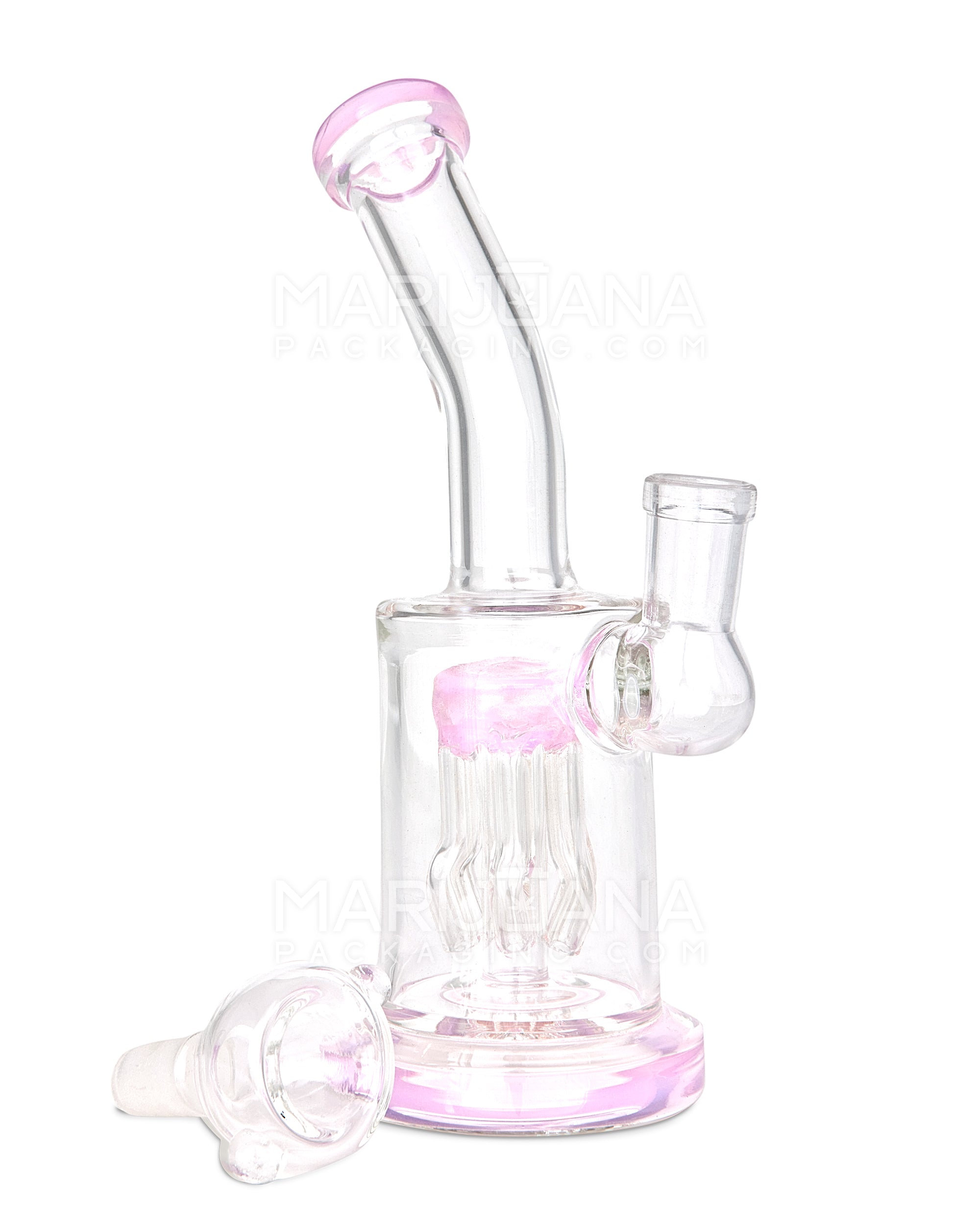 Bent Neck Tree Perc Glass Straight Water Pipe w/ Thick Base | 7in Tall - 14mm Bowl - Pink - 2