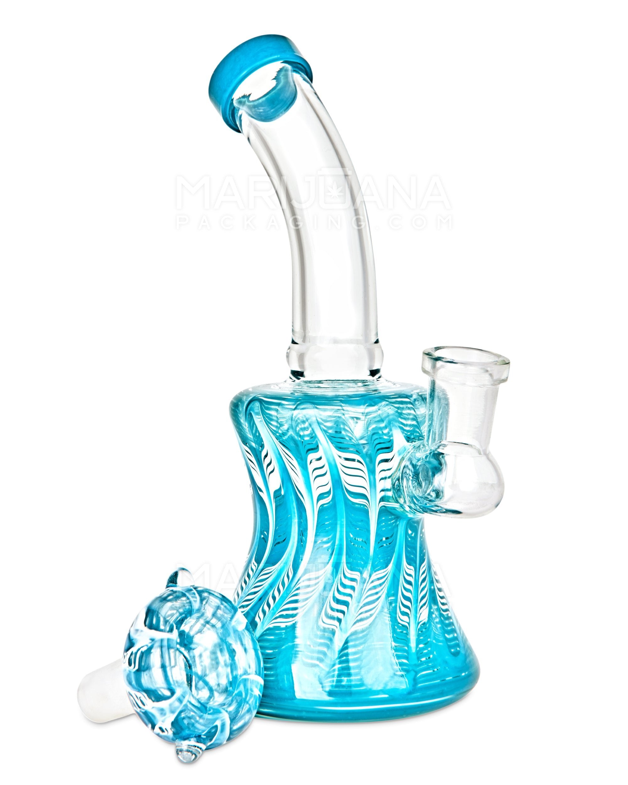 Bent Neck Raked Glass Bell Water Pipe | 6.5in Tall - 14mm Bowl - Teal - 2