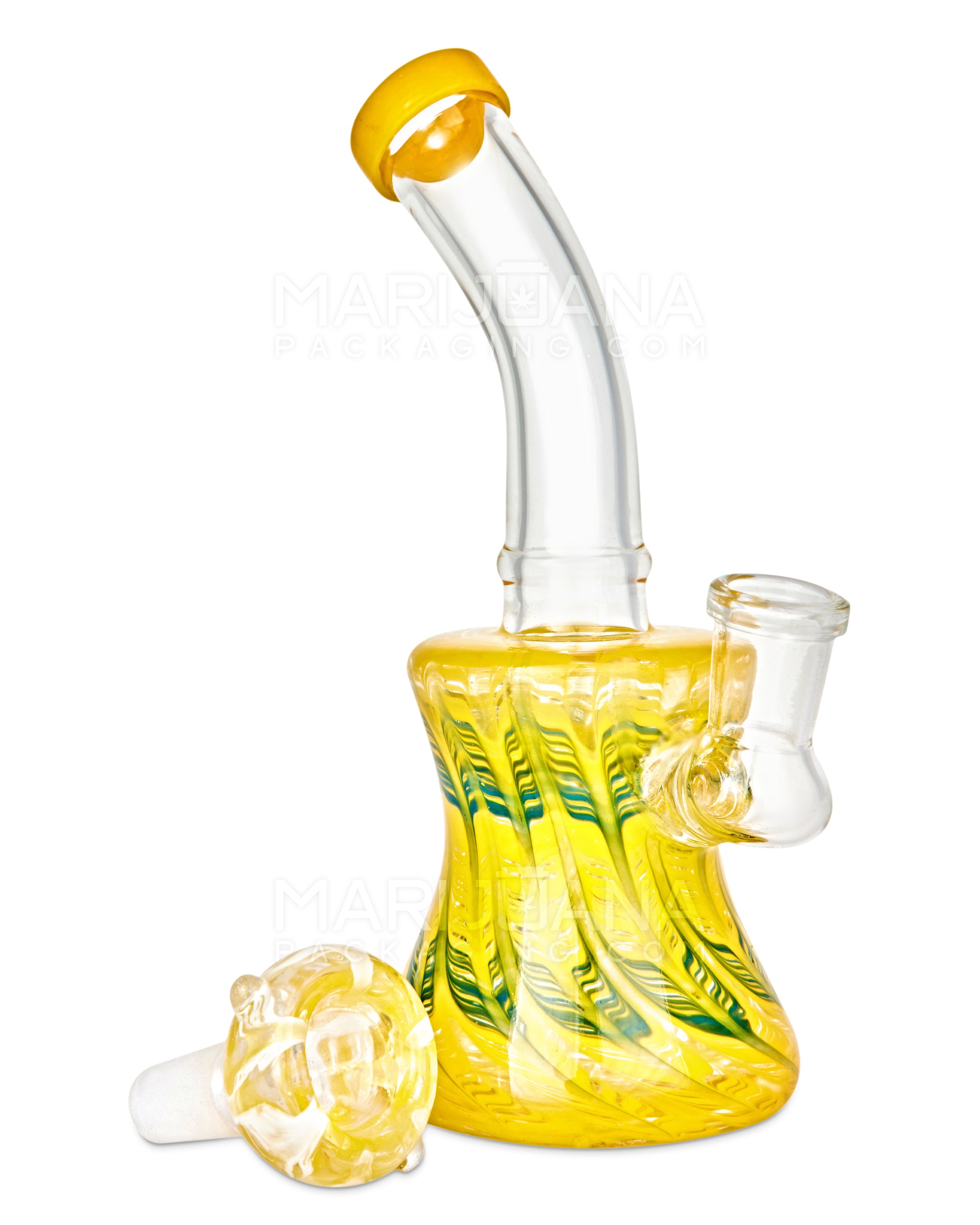 Bent Neck Raked Glass Bell Water Pipe | 6.5in Tall - 14mm Bowl - Yellow - 2