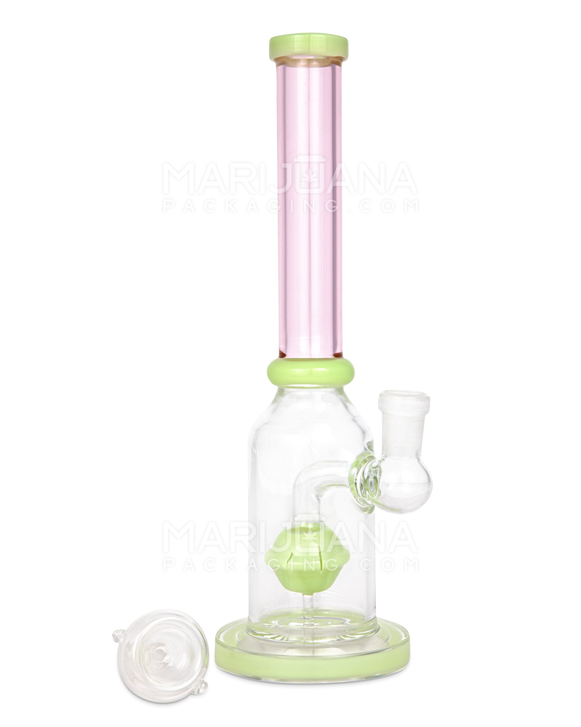 Orb Percolator Glass Straight Water Pipe w/ Thick Base | 10in Tall - 14mm Bowl - Slime & Pink - 2