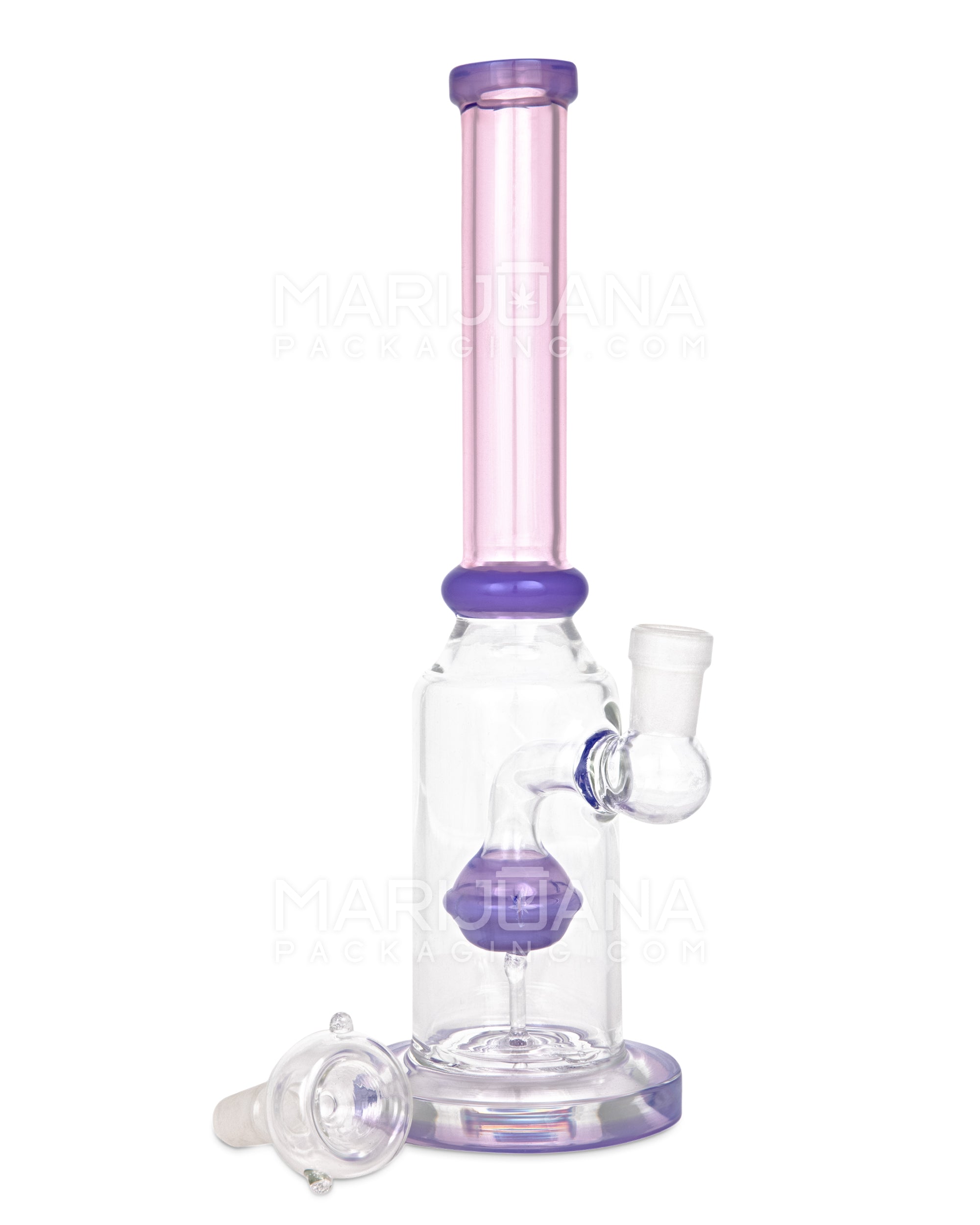 Straight Neck Orb Percolator Glass Straight Water Pipe w/ Thick Base | 10in Tall - 14mm Bowl - Milky Purple & Pink - 2