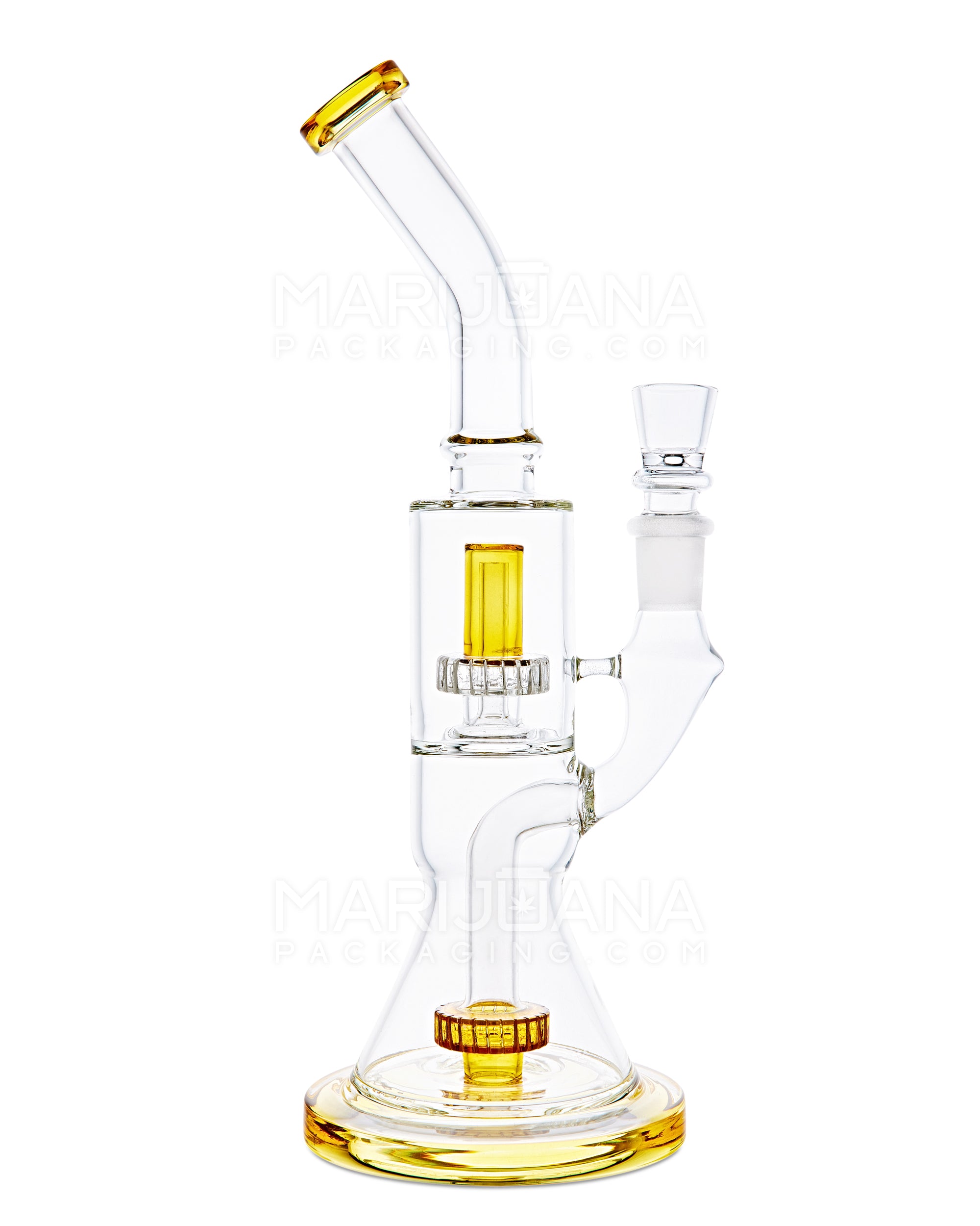 Double Chamber | Bent Neck Showerhead Perc Glass Beaker Water Pipe w/ Thick Base | 12in Tall - 18mm Bowl - Yellow - 1