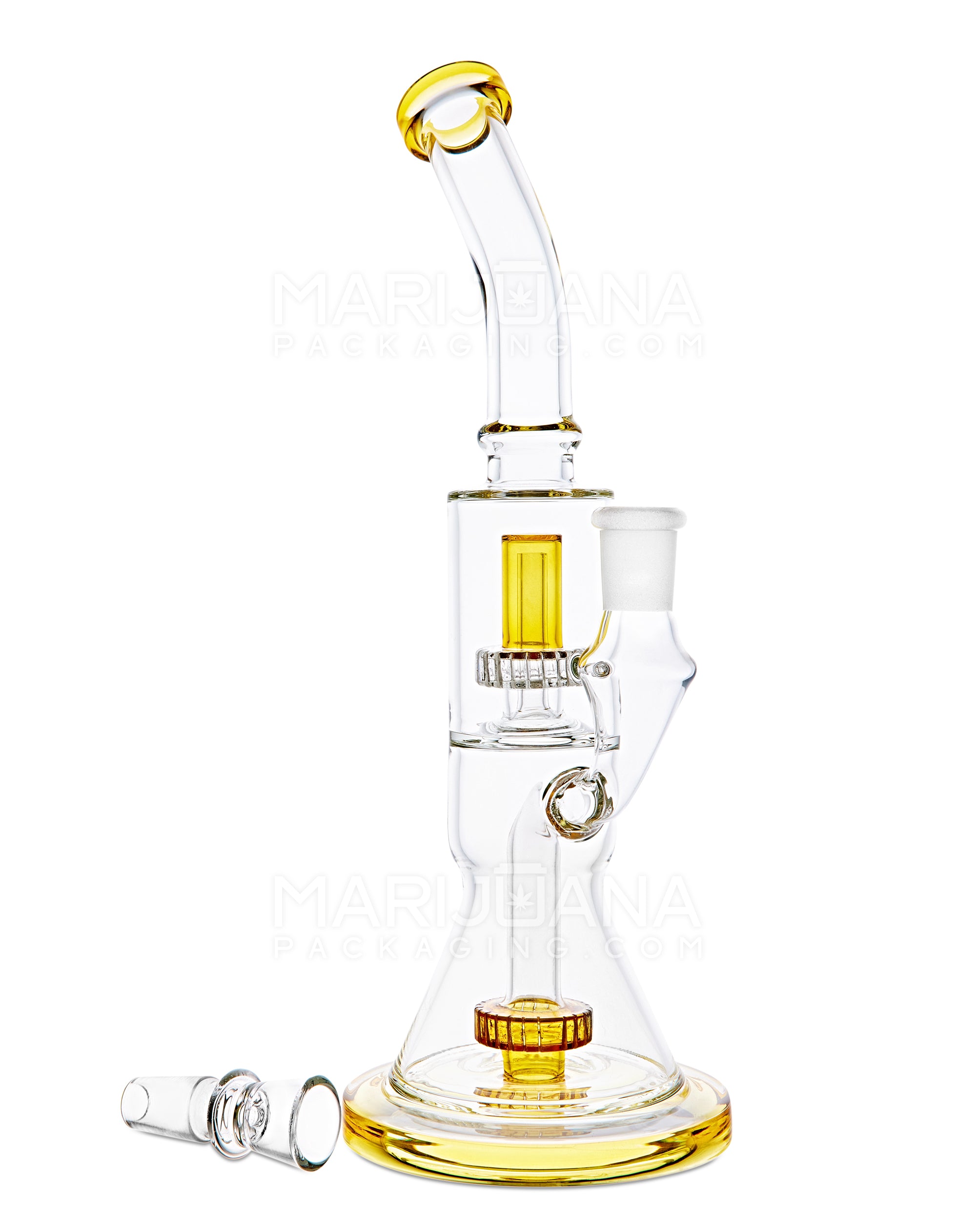 Double Chamber | Bent Neck Showerhead Perc Glass Beaker Water Pipe w/ Thick Base | 12in Tall - 18mm Bowl - Yellow - 2