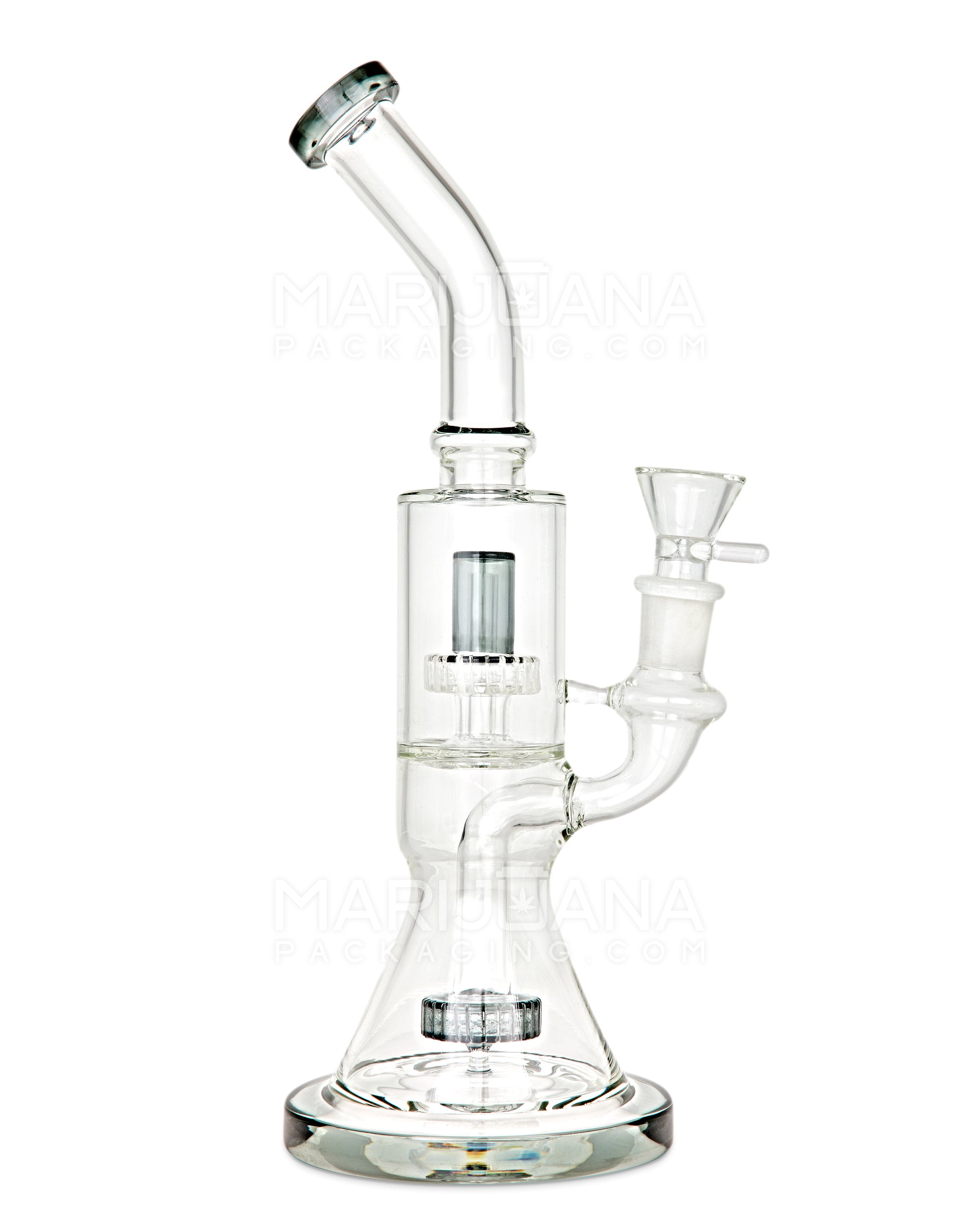 Double Chamber | Bent Neck Showerhead Perc Glass Beaker Water Pipe w/ Thick Base | 12in Tall - 18mm Bowl - Smoke - 1
