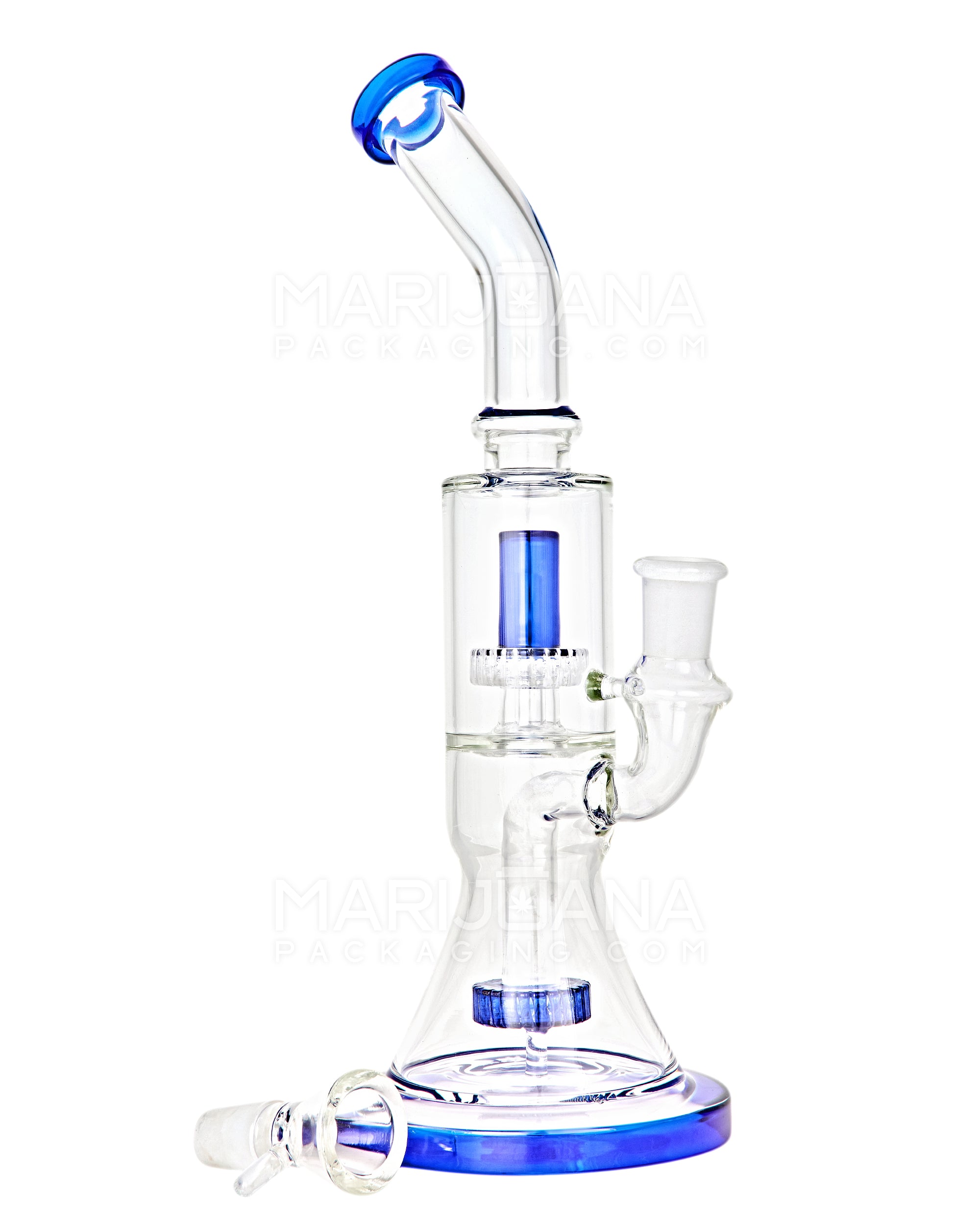 Double Chamber | Bent Neck Showerhead Perc Glass Beaker Water Pipe w/ Thick Base | 12in Tall - 18mm Bowl - Blue - 4