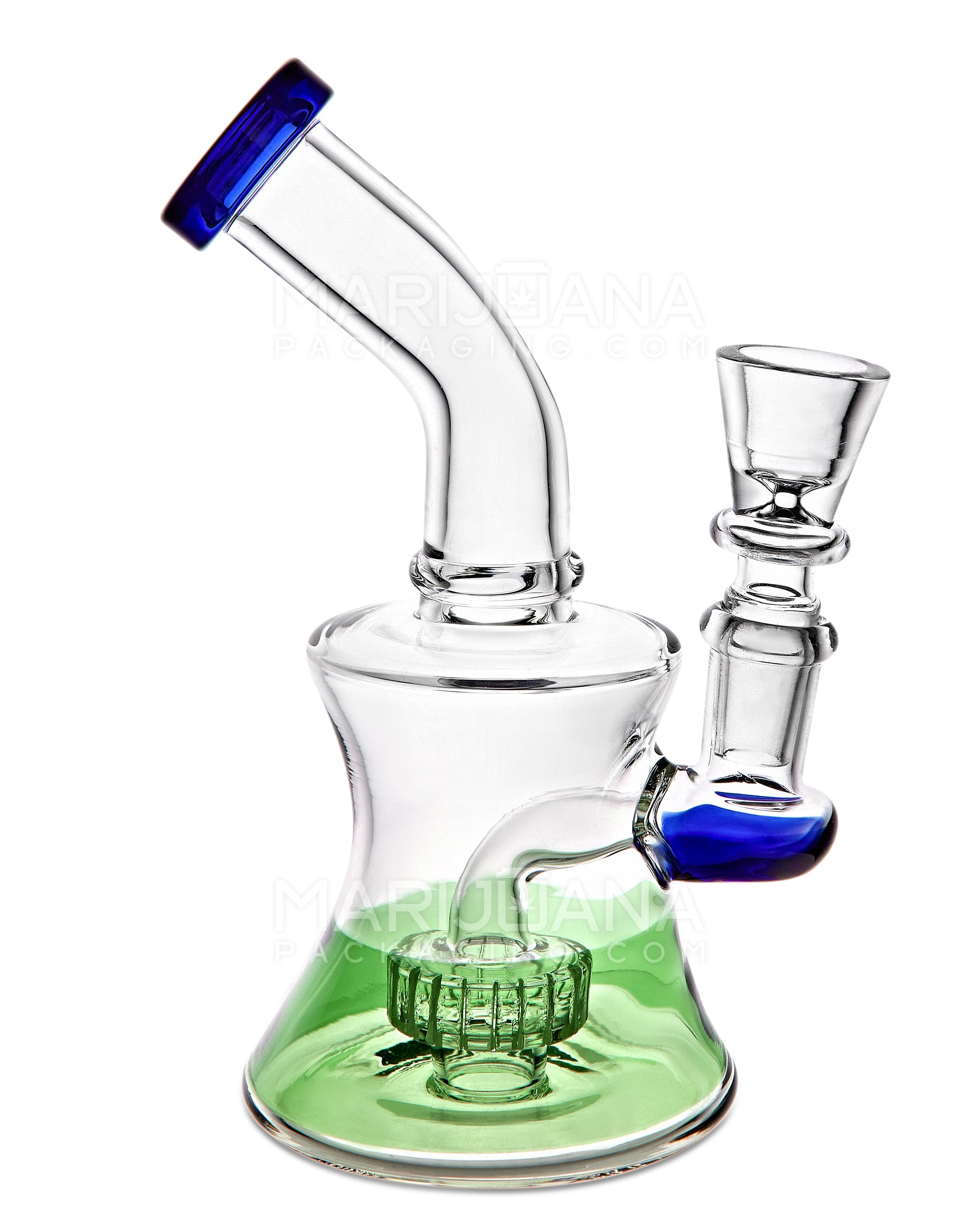 Bent Neck Showerhead Perc Glass Bell Water Pipe | 6.5in Tall - 14mm Bowl - Blue & Green - 1