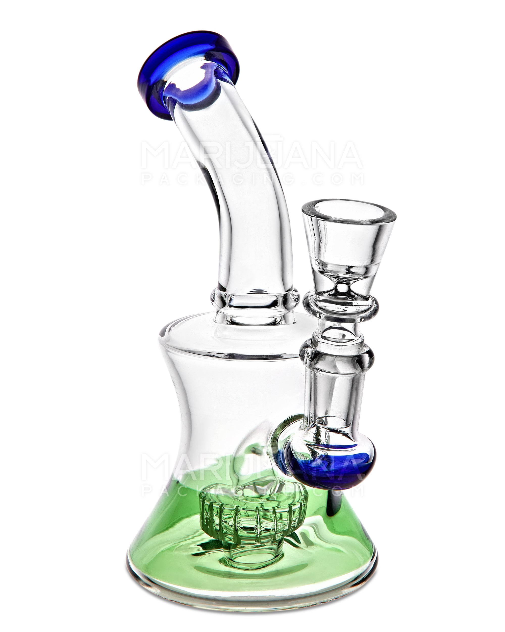 Bent Neck Showerhead Perc Glass Bell Water Pipe | 6.5in Tall - 14mm Bowl - Blue & Green - 4
