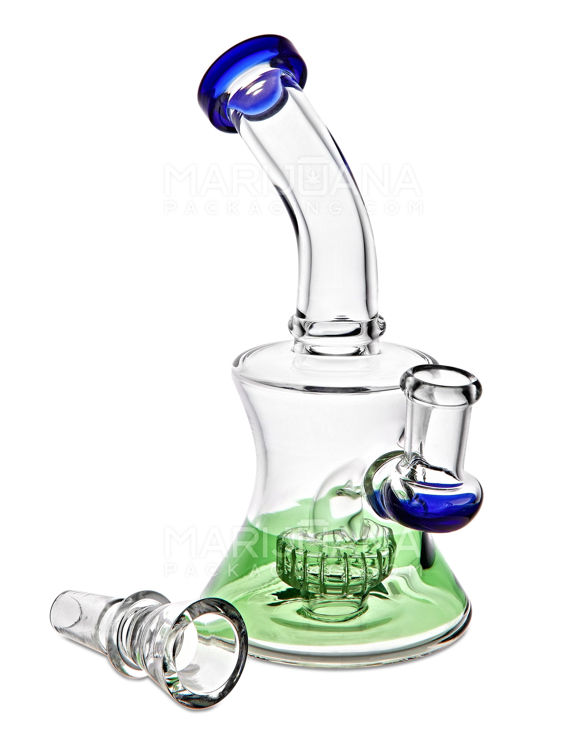 Bent Neck Showerhead Perc Glass Bell Water Pipe | 6.5in Tall - 14mm Bowl - Blue & Green - 2