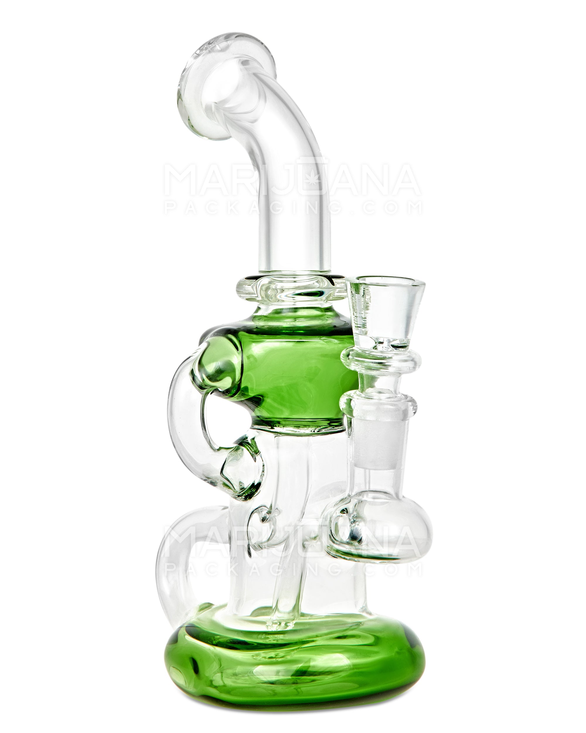 Bent Neck Diffused Perc Glass Water Pipe w/ Recycler | 8in Tall - 14mm Bowl - Green - 6