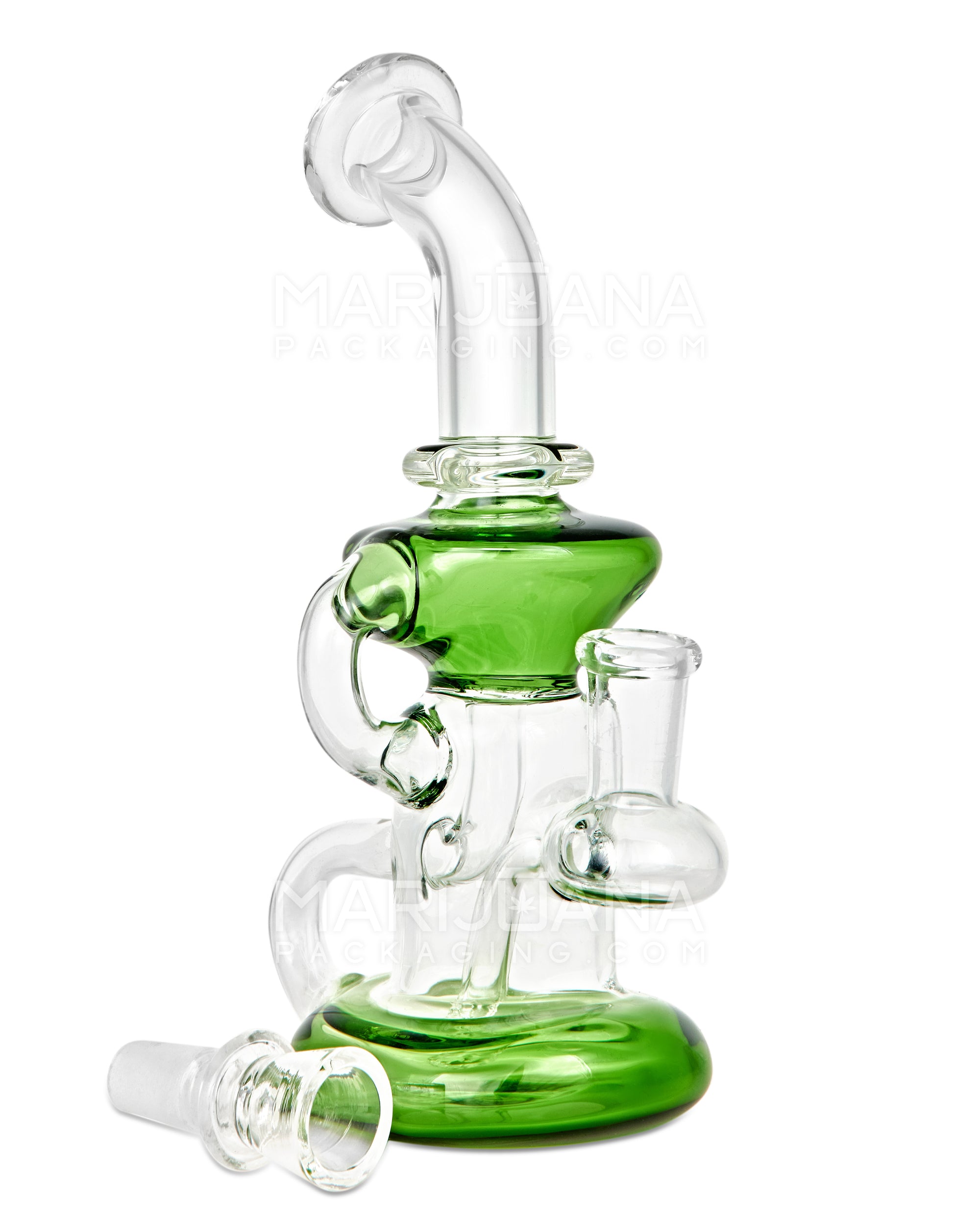 Bent Neck Diffused Perc Glass Water Pipe w/ Recycler | 8in Tall - 14mm Bowl - Green - 3