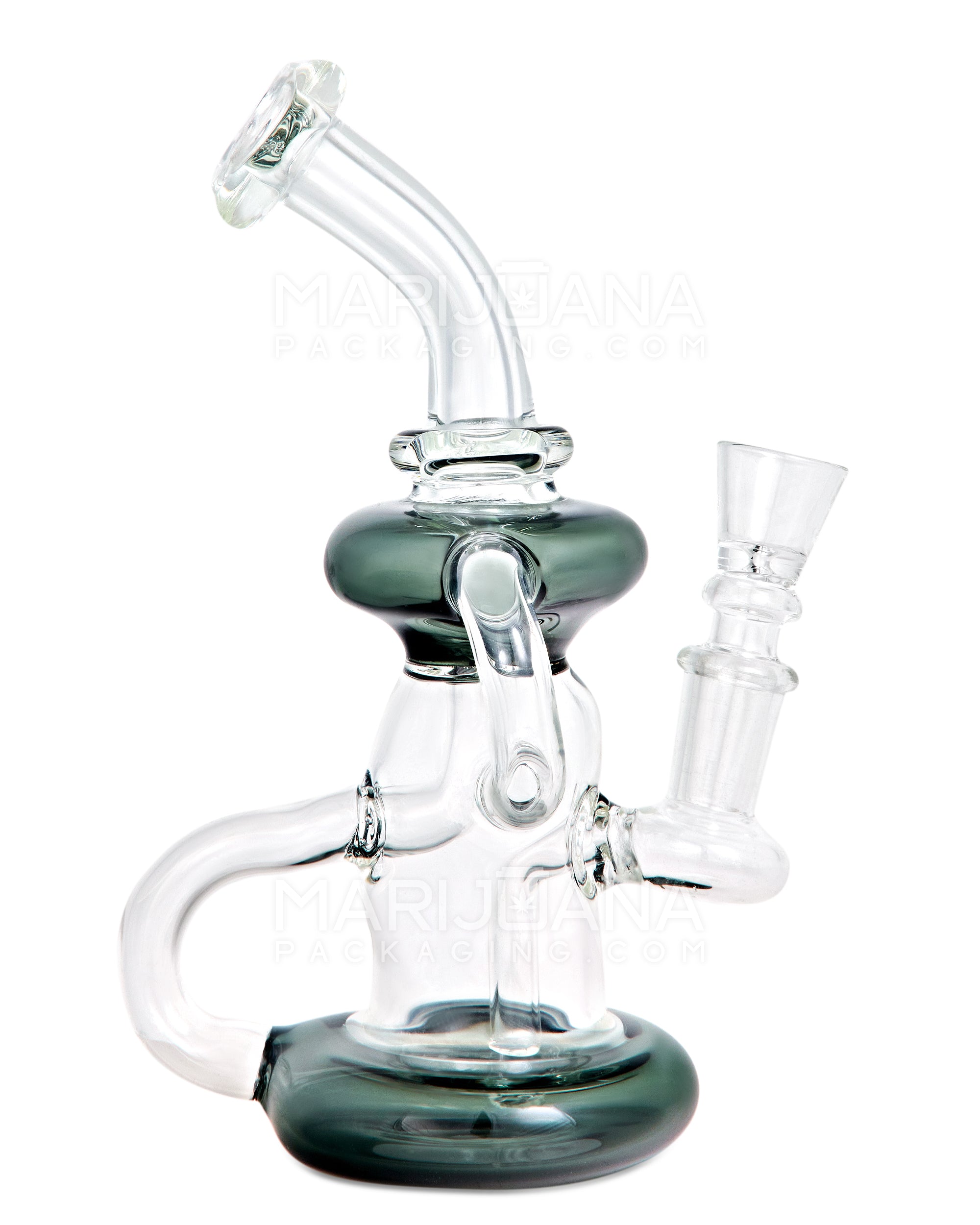 Bent Neck Diffused Perc Glass Water Pipe w/ Recycler | 8in Tall - 14mm Bowl - Black - 1