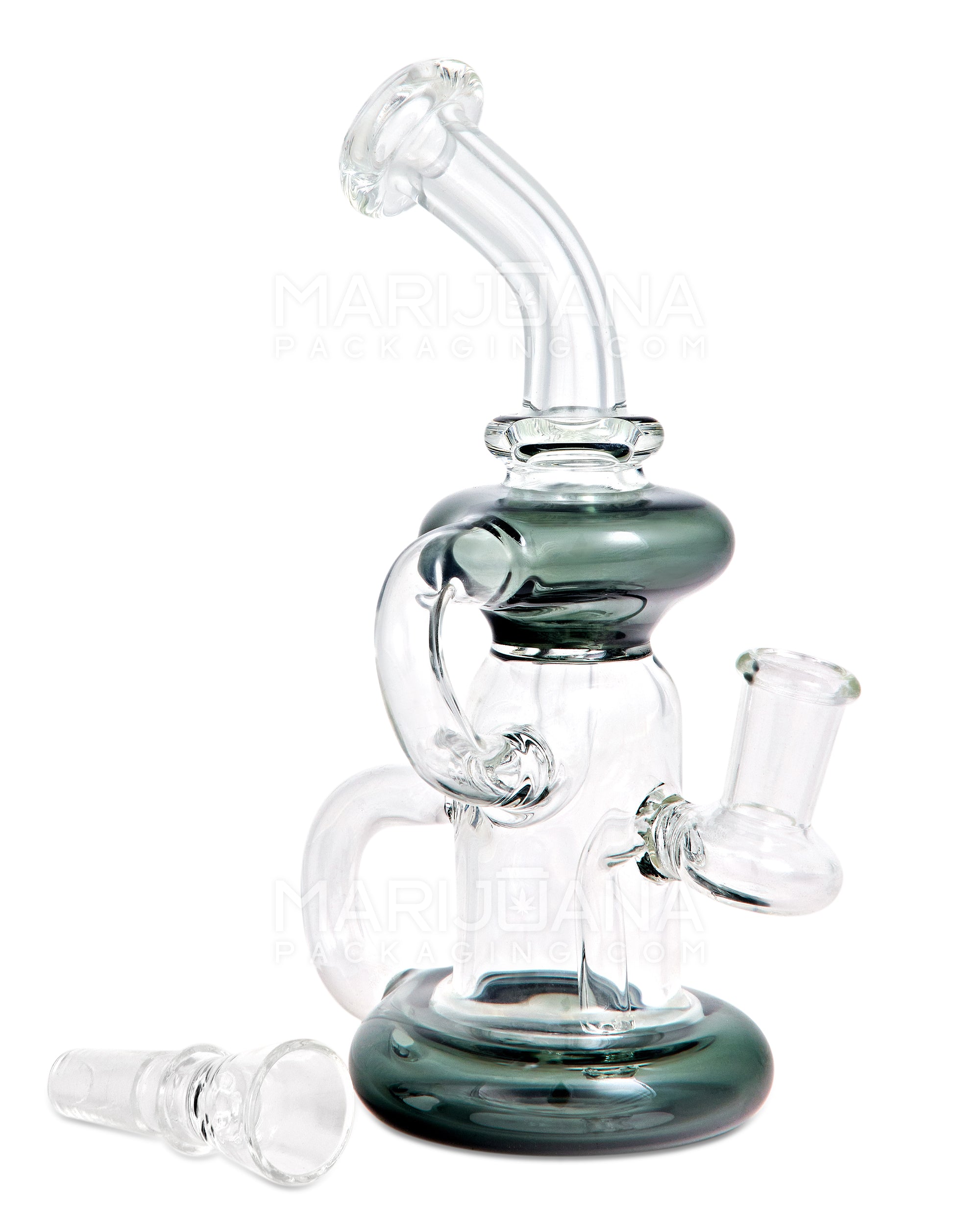 Bent Neck Diffused Perc Glass Water Pipe w/ Recycler | 8in Tall - 14mm Bowl - Black - 2