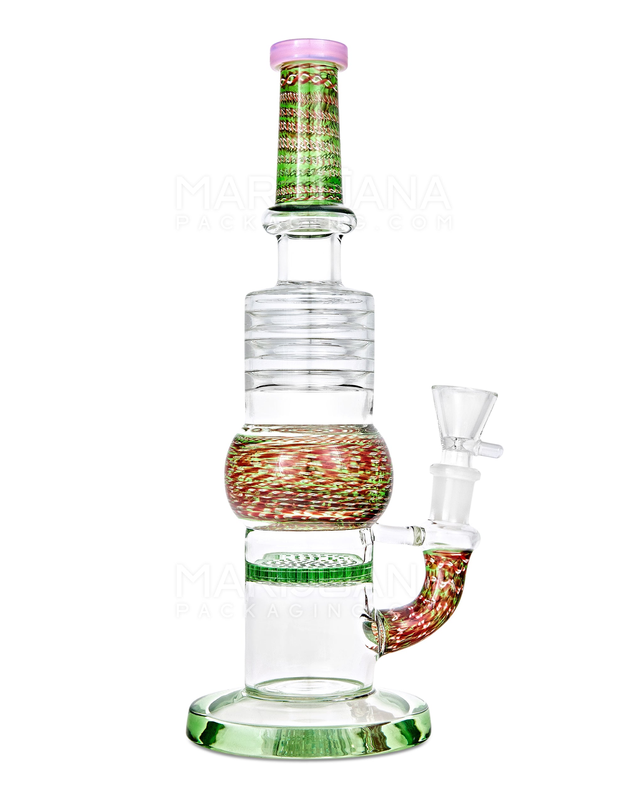 Straight Neck Honeycomb Perc Zanfirico Glass Water Pipe w/ Ice Catcher | 11in Tall - 14mm Bowl - Mixed - 1