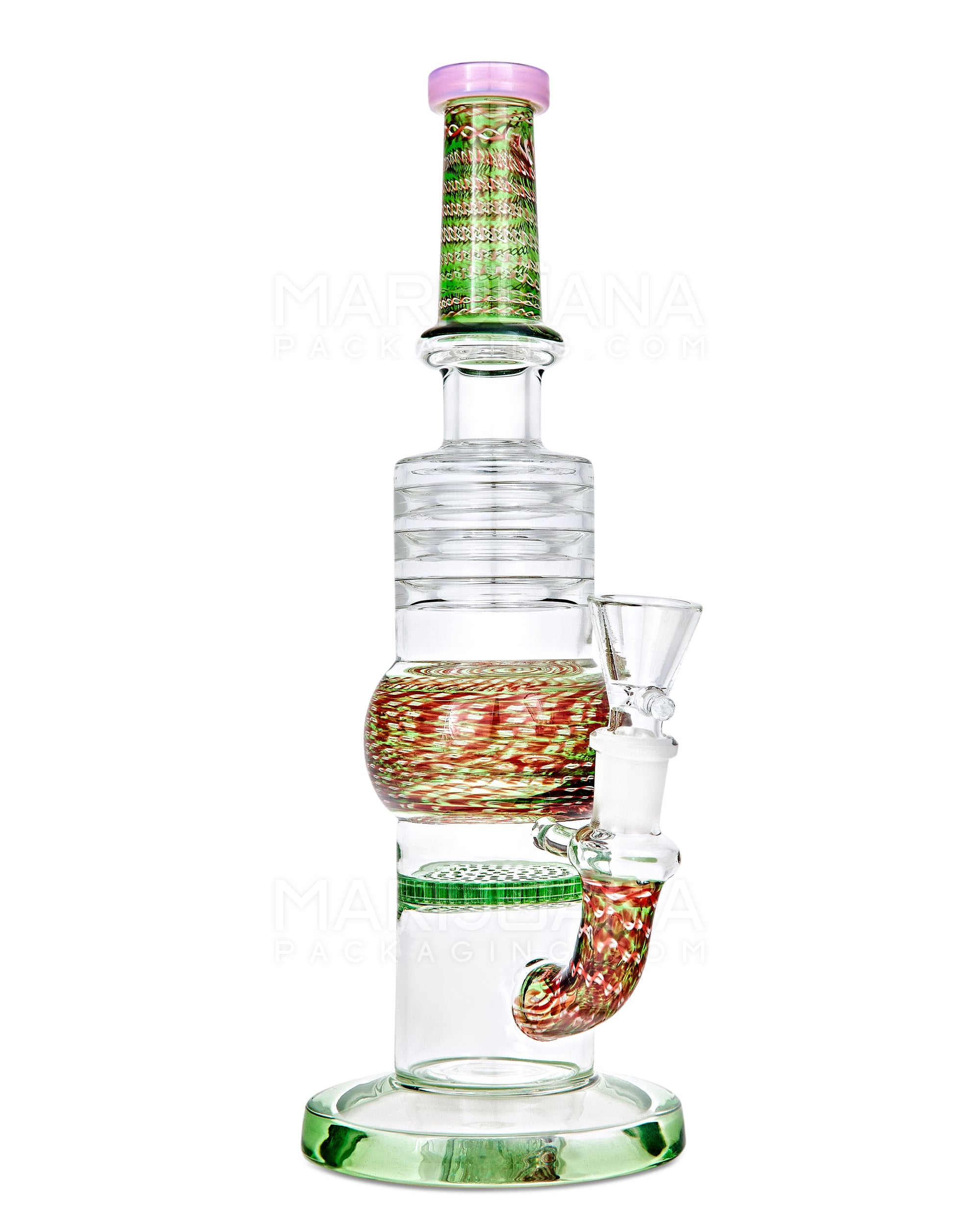 Straight Neck Honeycomb Perc Zanfirico Glass Water Pipe w/ Ice Catcher | 11in Tall - 14mm Bowl - Mixed - 7