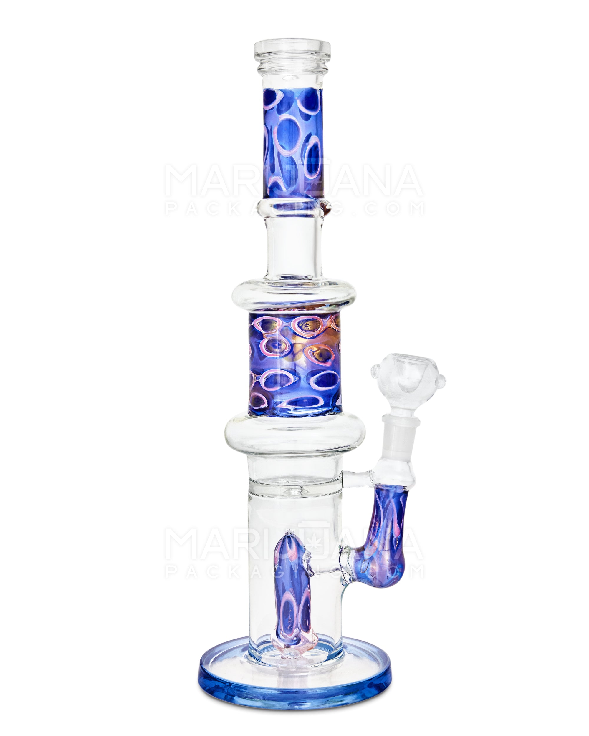 Double Chamber | Dot Stack Barrel Perc Glass Water Pipe w/ Thick Base | 13in Tall - 14mm Bowl - Blue - 1
