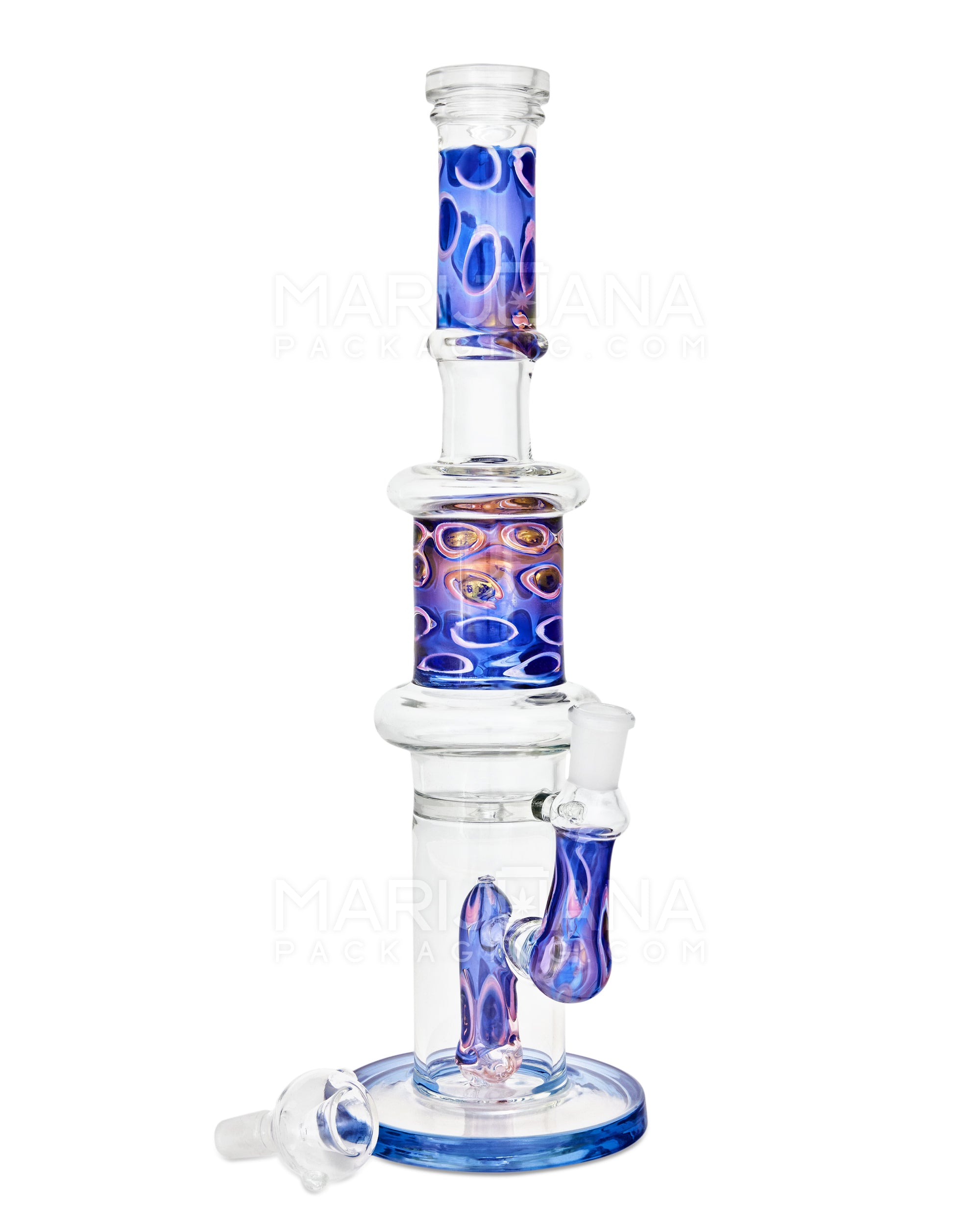 Double Chamber | Dot Stack Barrel Perc Glass Water Pipe w/ Thick Base | 13in Tall - 14mm Bowl - Blue - 2
