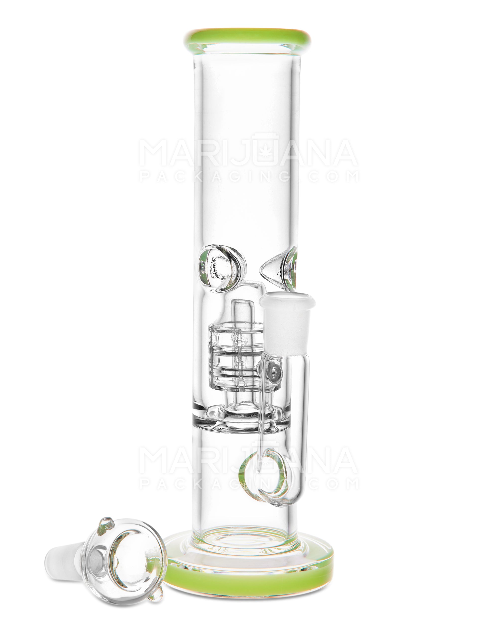 Double Chamber | Straight Neck Matrix Perc Glass Water Pipe w/ Ice Catcher & Thick Base | 8in Tall - 14mm Bowl - Slime - 2