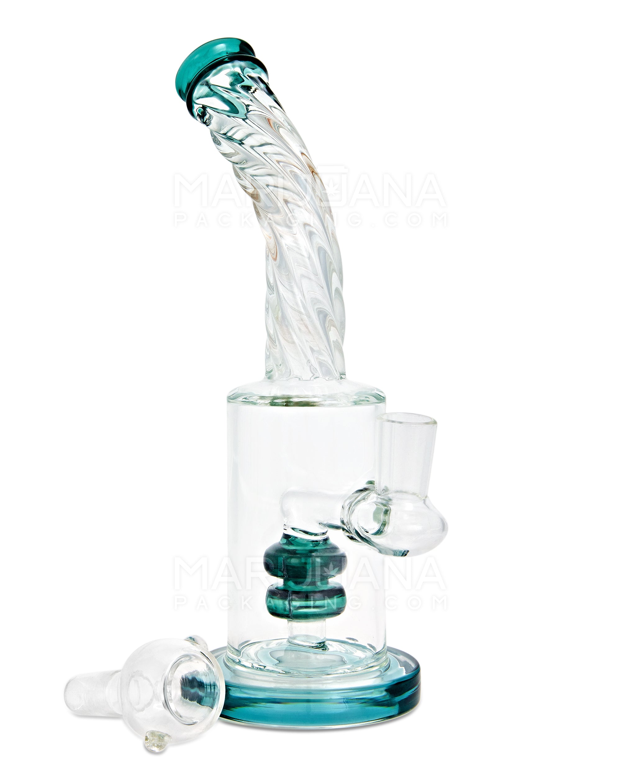 Spiral Neck Matrix Perc Glass Water Pipe w/ Thick Base | 8in Tall - 14mm Bowl - Teal - 2