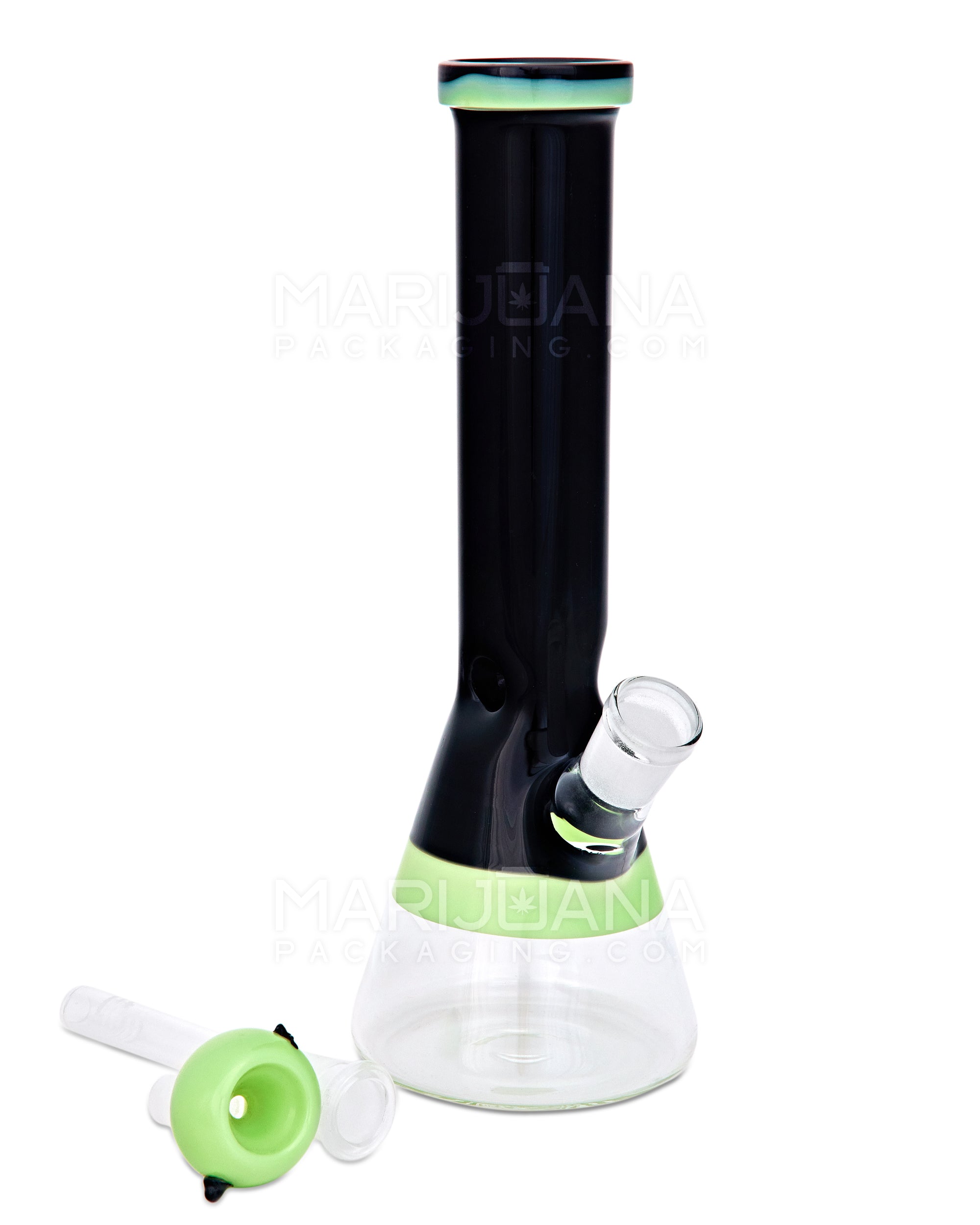Painted Straight Neck Diffused Downstem Glass Beaker Water Pipe | 10in Tall - 14mm Bowl - Slime & Black - 2