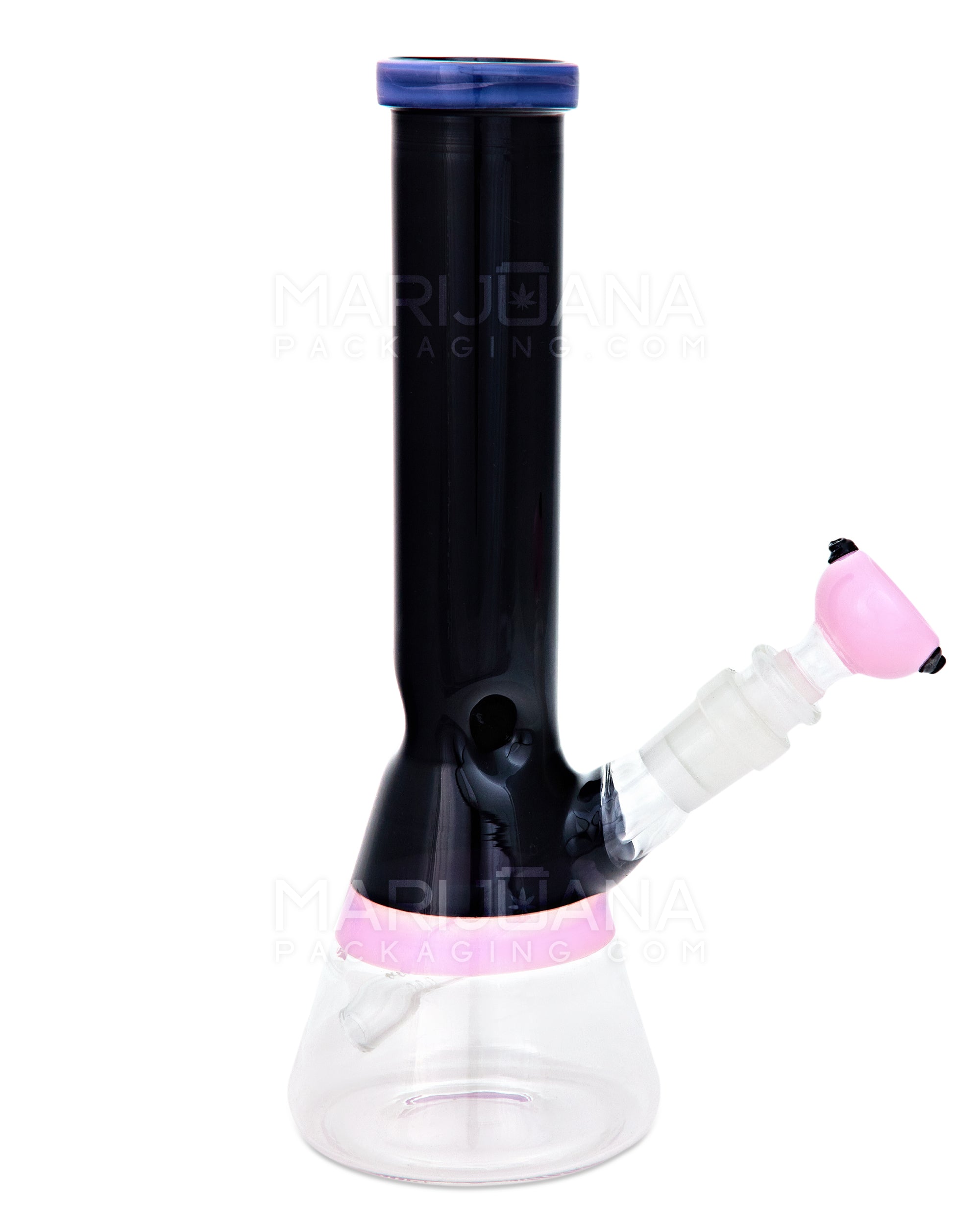 Painted Straight Neck Diffused Downstem Glass Beaker Water Pipe | 10in Tall - 14mm Bowl - Pink & Black - 1