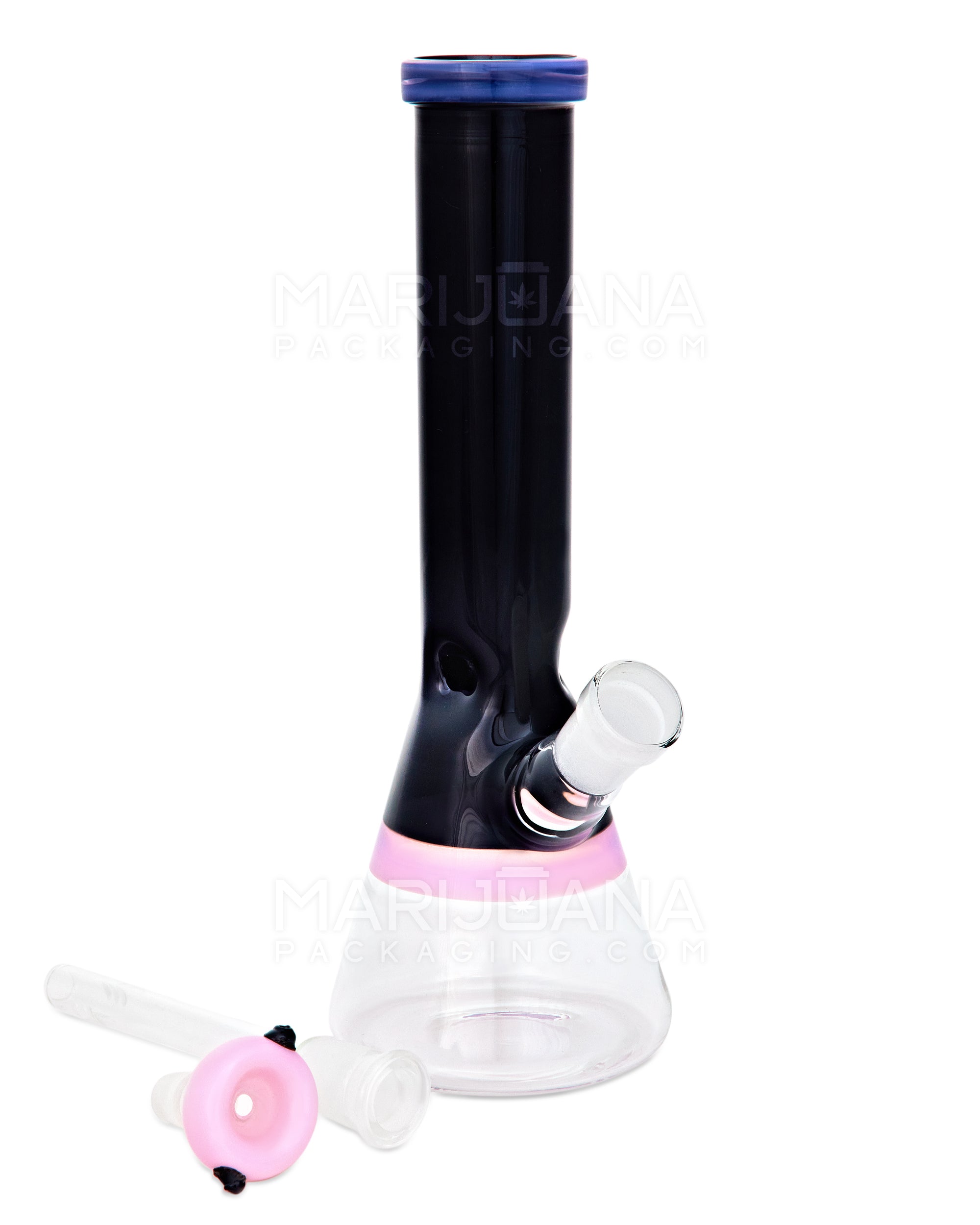 Painted Straight Neck Diffused Downstem Glass Beaker Water Pipe | 10in Tall - 14mm Bowl - Pink & Black - 2