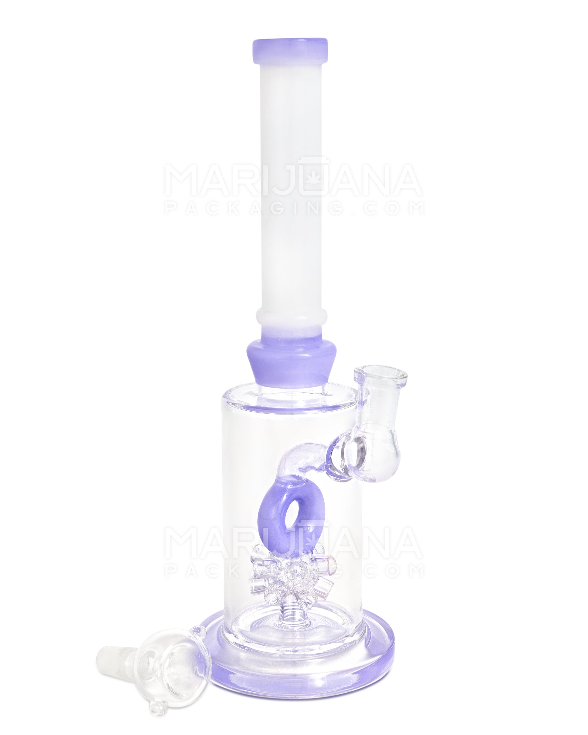 Straight Neck Atomic Donut Perc Glass Water Pipe w/ Thick Base | 10.5in Tall - 14mm Bowl - Milky Purple - 2