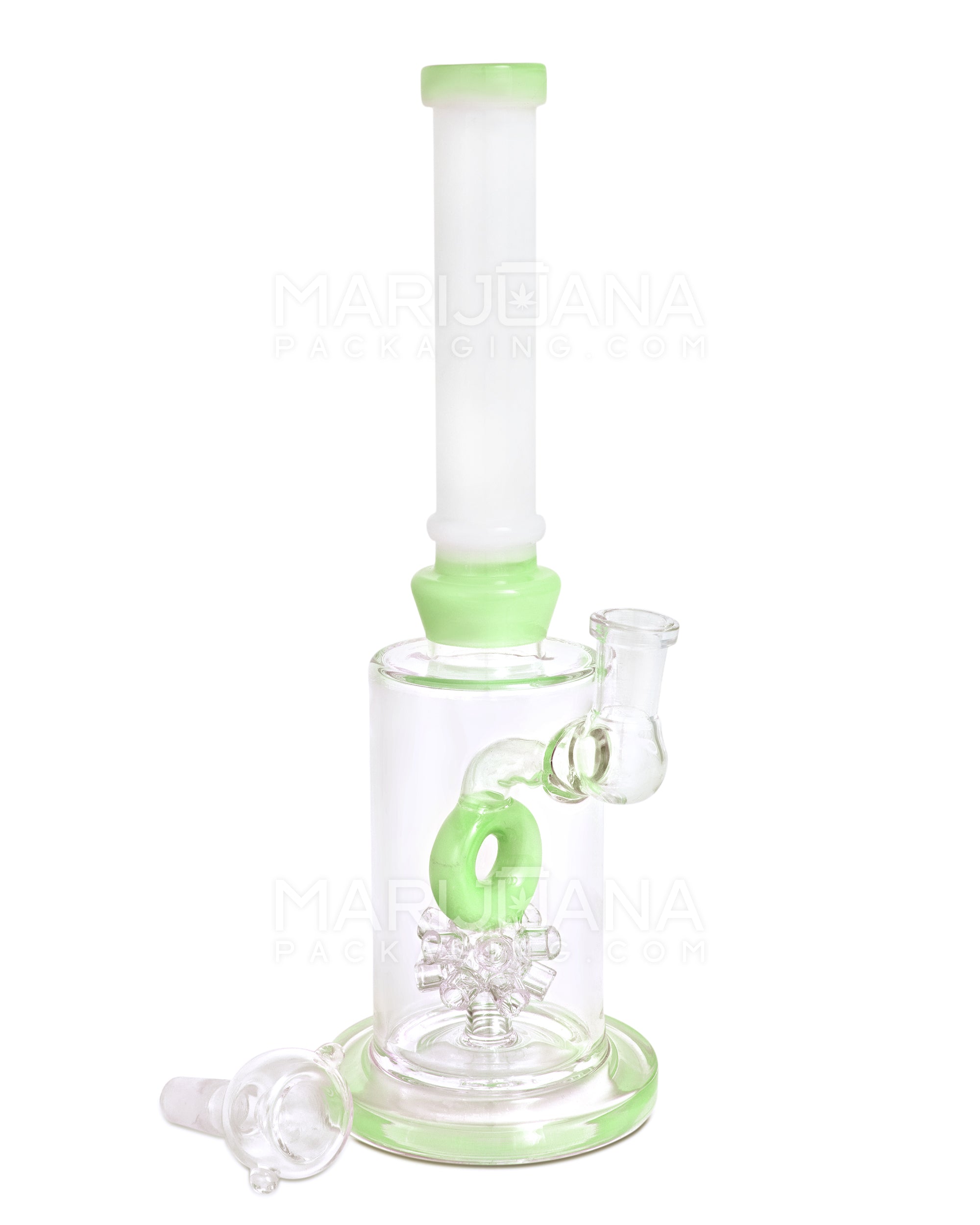 Straight Neck Atomic Donut Perc Glass Water Pipe w/ Thick Base | 10.5in Tall - 14mm Bowl - Slime - 2