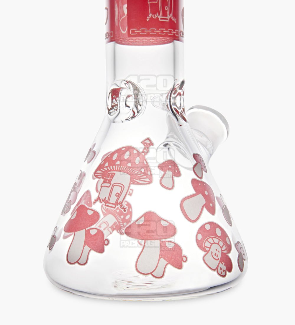 Straight Neck Mushroom Decal Glass Beaker Water Pipe w/ Ice Catcher | 14in Tall - 14mm Bowl - Red - 3