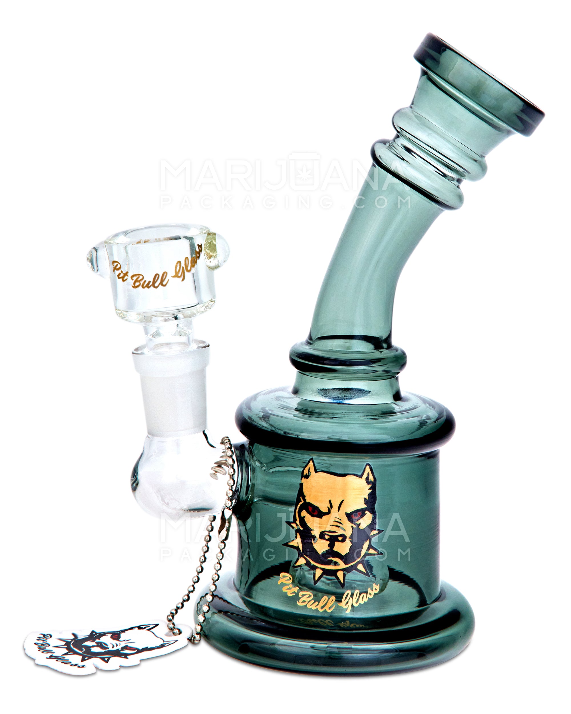PIT BULL | Ringed Bent Neck Circ Perc Glass Water Pipe w/ Thick Base | 6.5in Tall - 14mm Bowl - Smoked Teal - 1