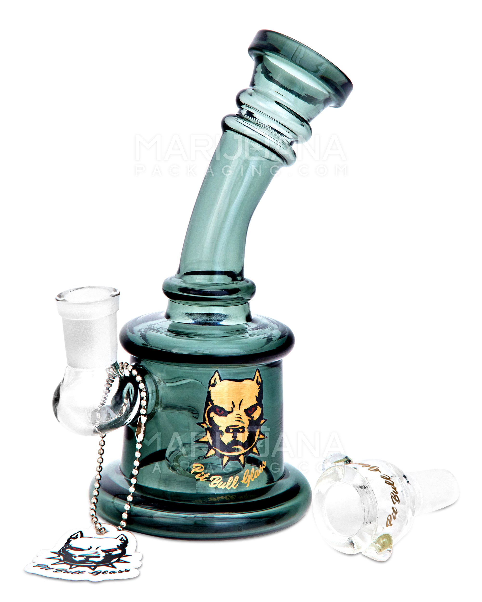 PIT BULL | Ringed Bent Neck Circ Perc Glass Water Pipe w/ Thick Base | 6.5in Tall - 14mm Bowl - Smoked Teal - 2