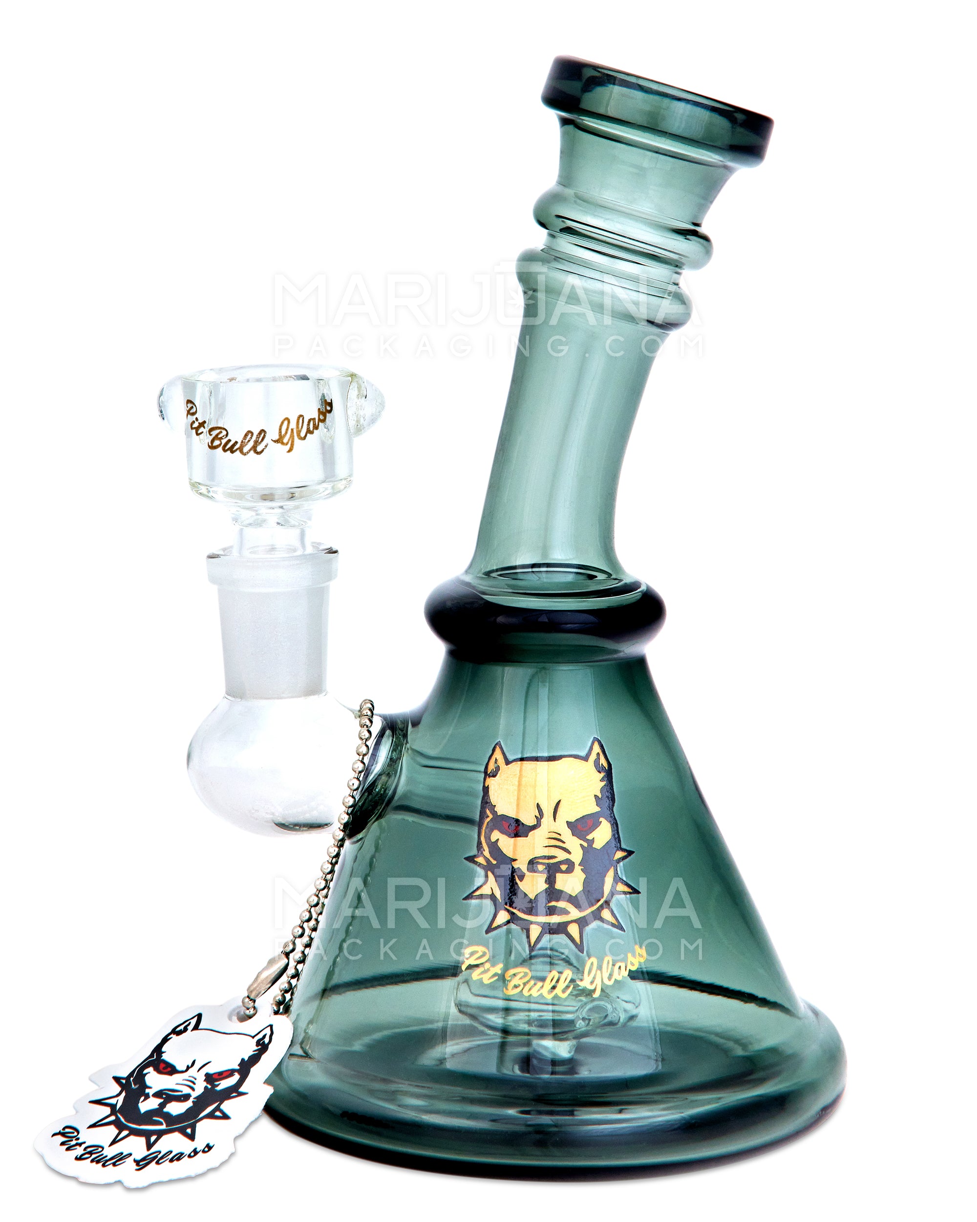 PIT BULL | Ringed Bent Neck Circ Perc Glass Beaker Water Pipe | 6.5in Tall - 14mm Bowl - Smoked Teal - 1