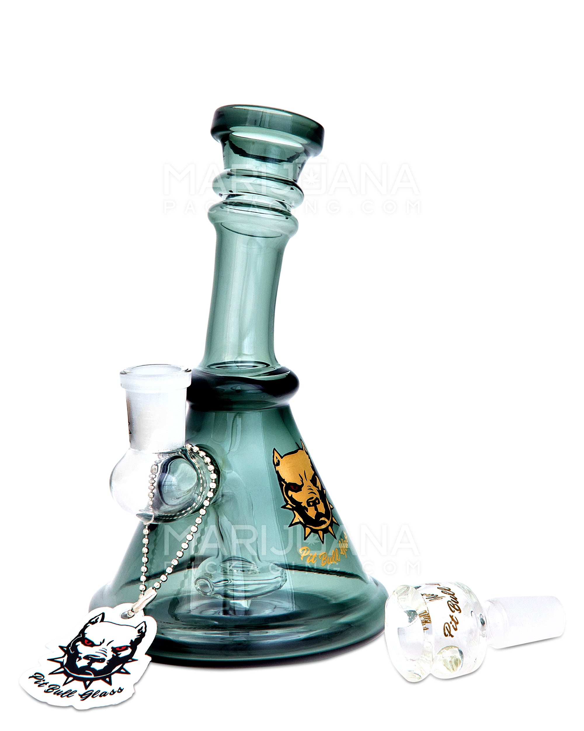 PIT BULL | Ringed Bent Neck Circ Perc Glass Beaker Water Pipe | 6.5in Tall - 14mm Bowl - Smoked Teal - 2