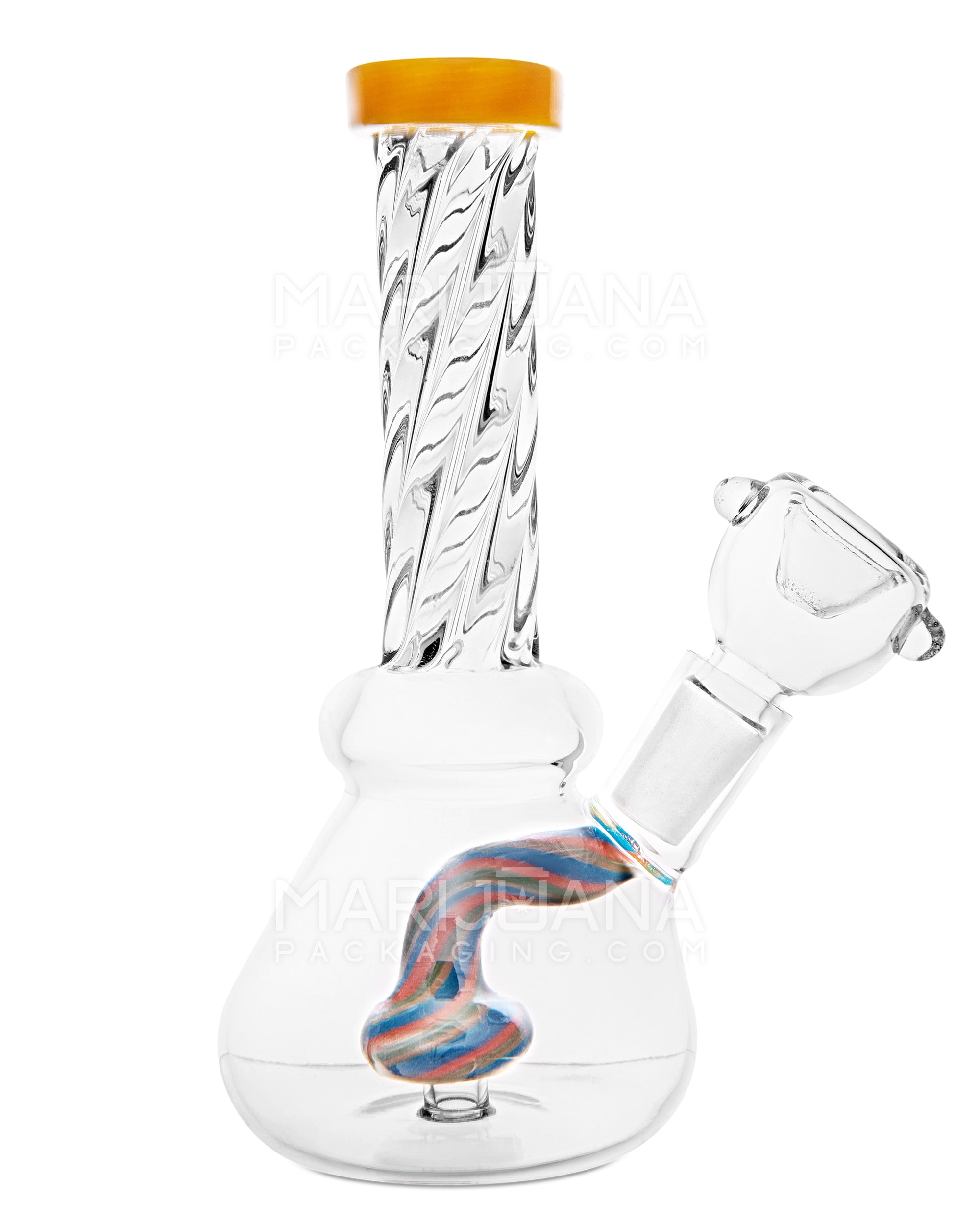 Spiral Neck Painted Circ Perc Glass Beaker Water Pipe | 6in Tall - 14mm Bowl - Yellow - 9