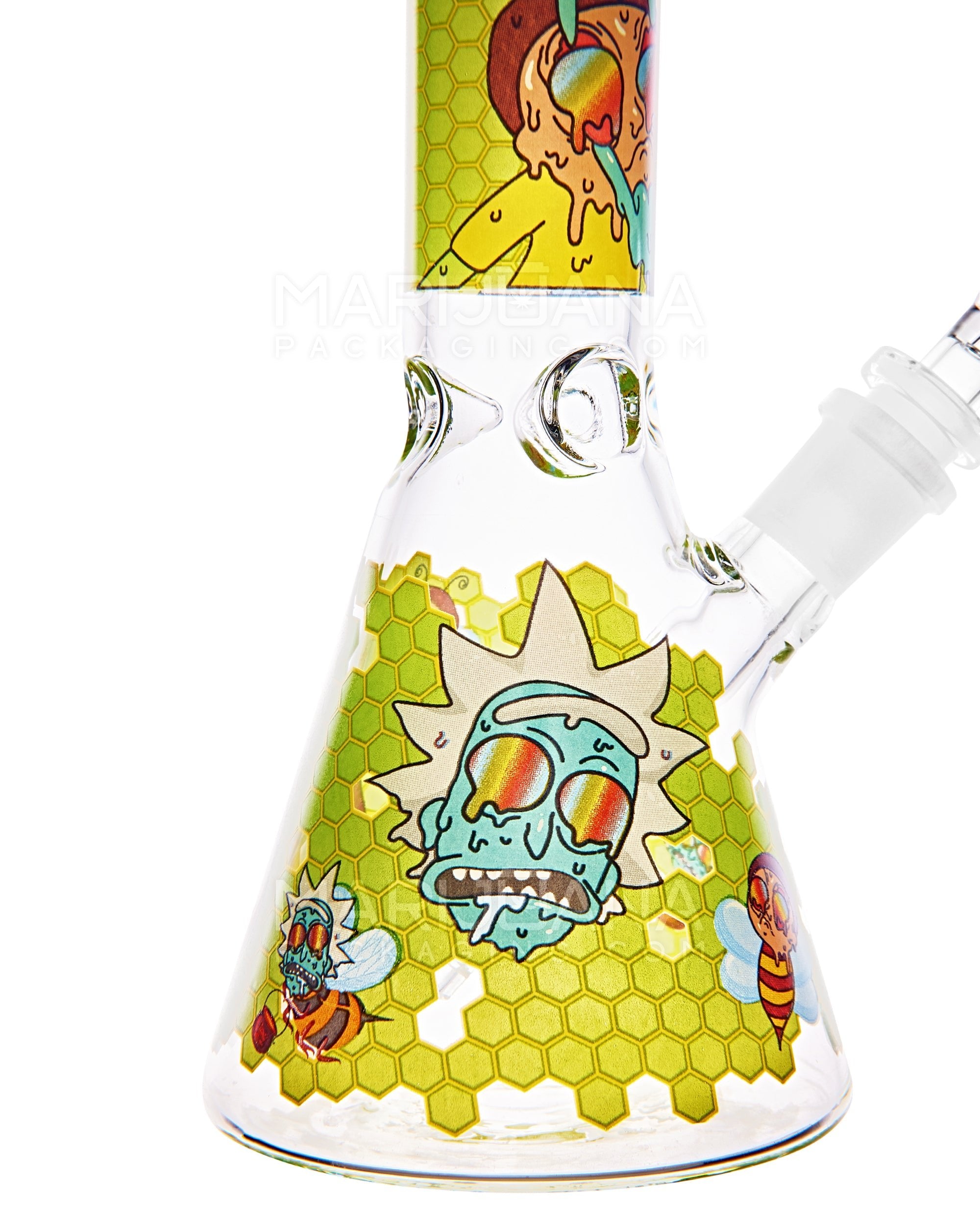 Straight Neck R&M Honey Bee Decal Glass Beaker Water Pipe w/ Ice Catcher | 10in Tall - 14mm Bowl - Clear - 4
