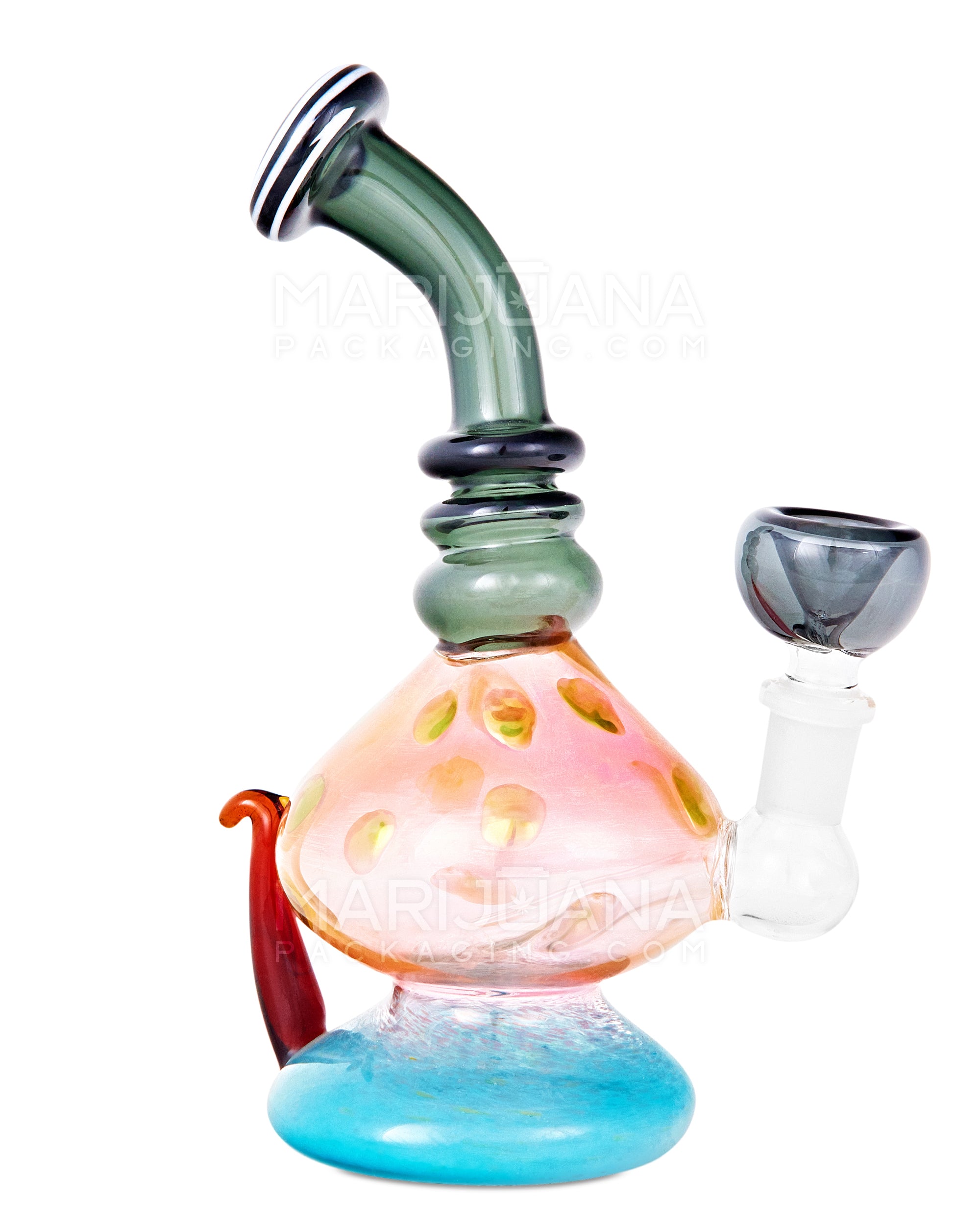 Bent Neck Inline Perc Frit & Fumed Glass Mushroom Water Pipe w/ Handle | 8in Tall - 14mm Bowl - Assorted - 1