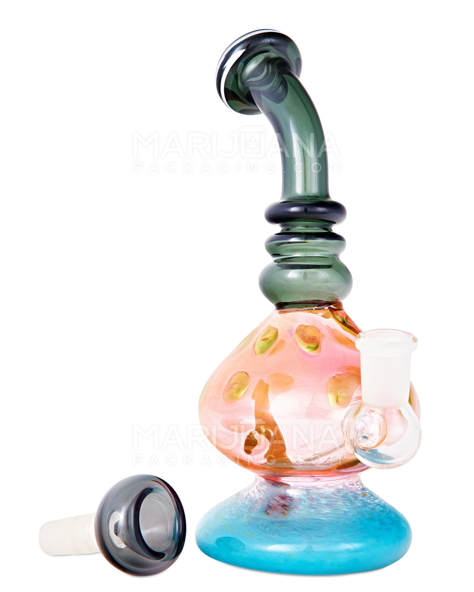 Bent Neck Inline Perc Frit & Fumed Glass Mushroom Water Pipe w/ Handle | 8in Tall - 14mm Bowl - Assorted - 2